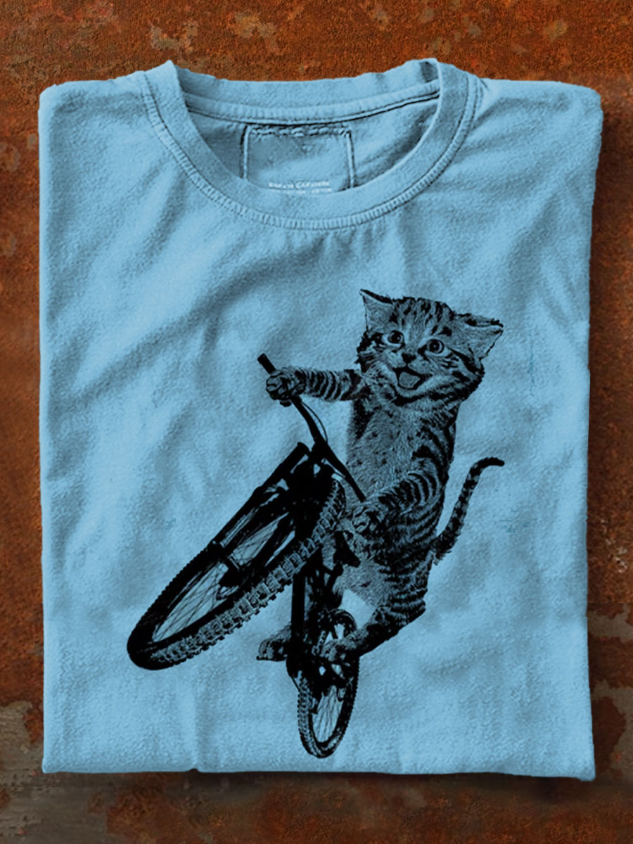 Cat Riding a Bicycle Art Print Casaul Short Sleeve T-shirt