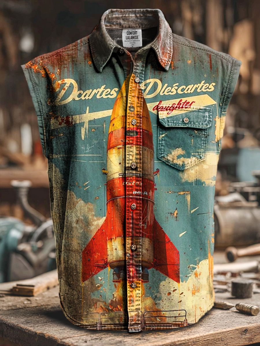 Retro Roket Art Print Casual 100% Cotton Sleeveless Lapel Shirt