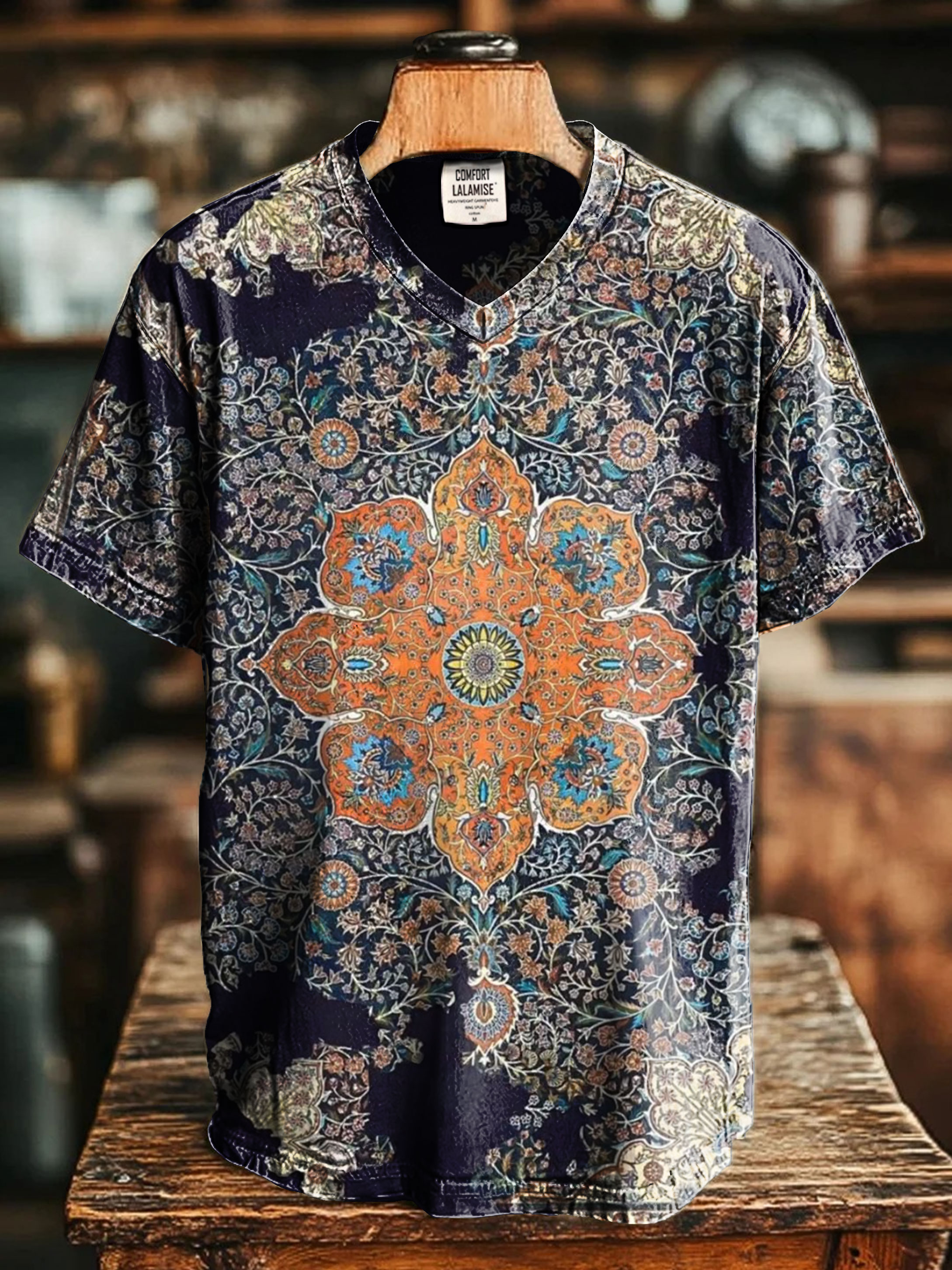 Vintage Ethic Art Print V-neck Casual T-Shirt