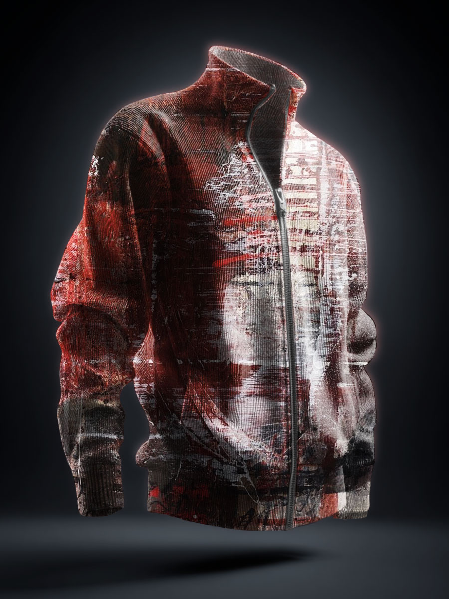 Abstract Art Print Knit Stand Collar Zip Up Sweater