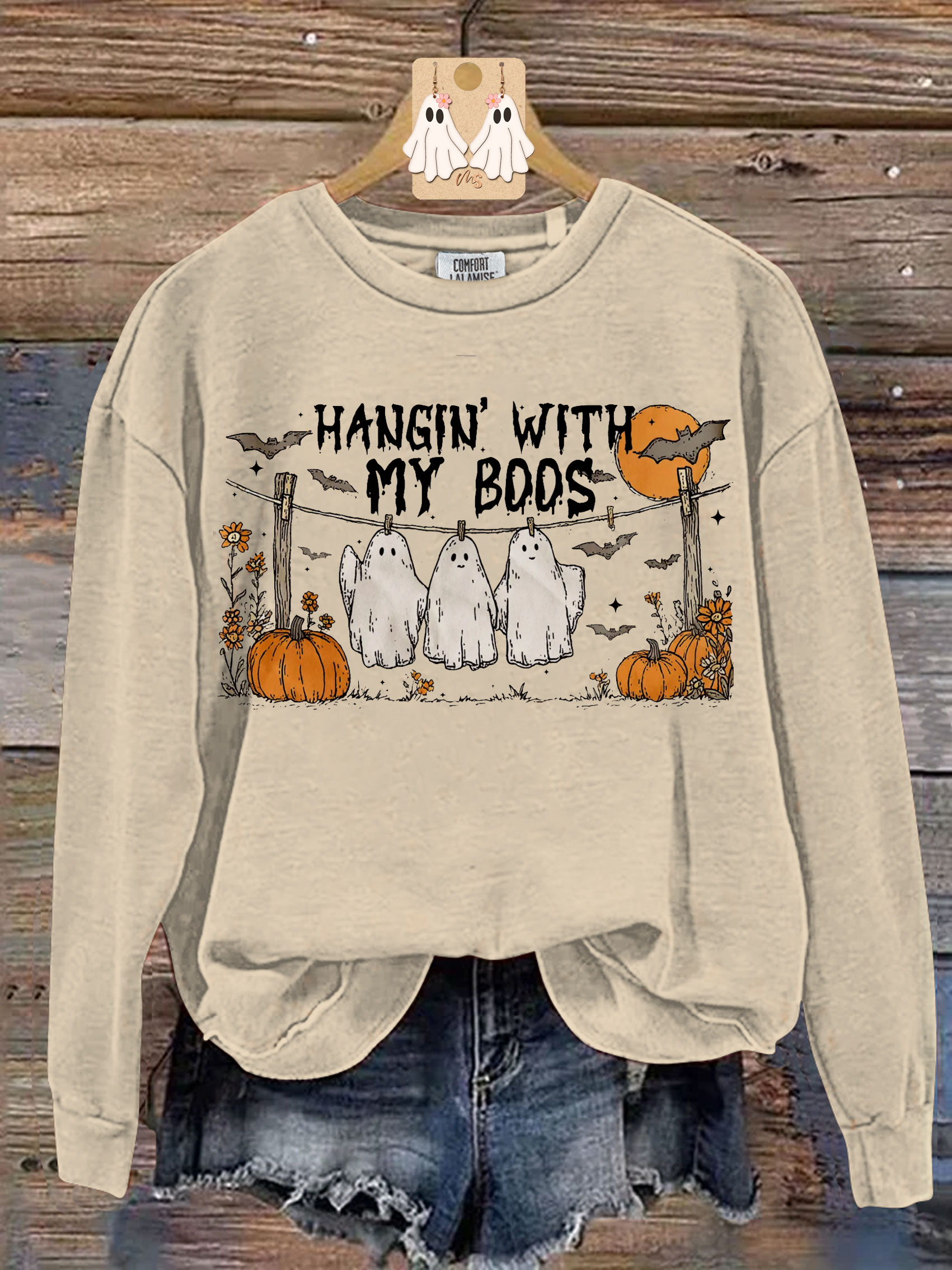 Funny Hanging Ghosts Halloween Hangin�� With My Boos  Print Casual Sweatshirt