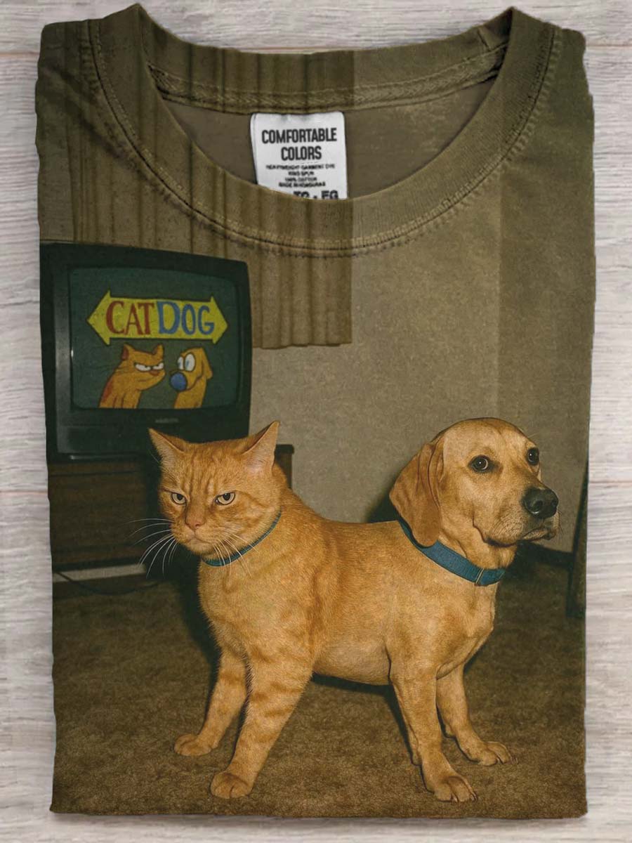 Funny Cat and Dog Print Casual Short Sleeve T-Shirt