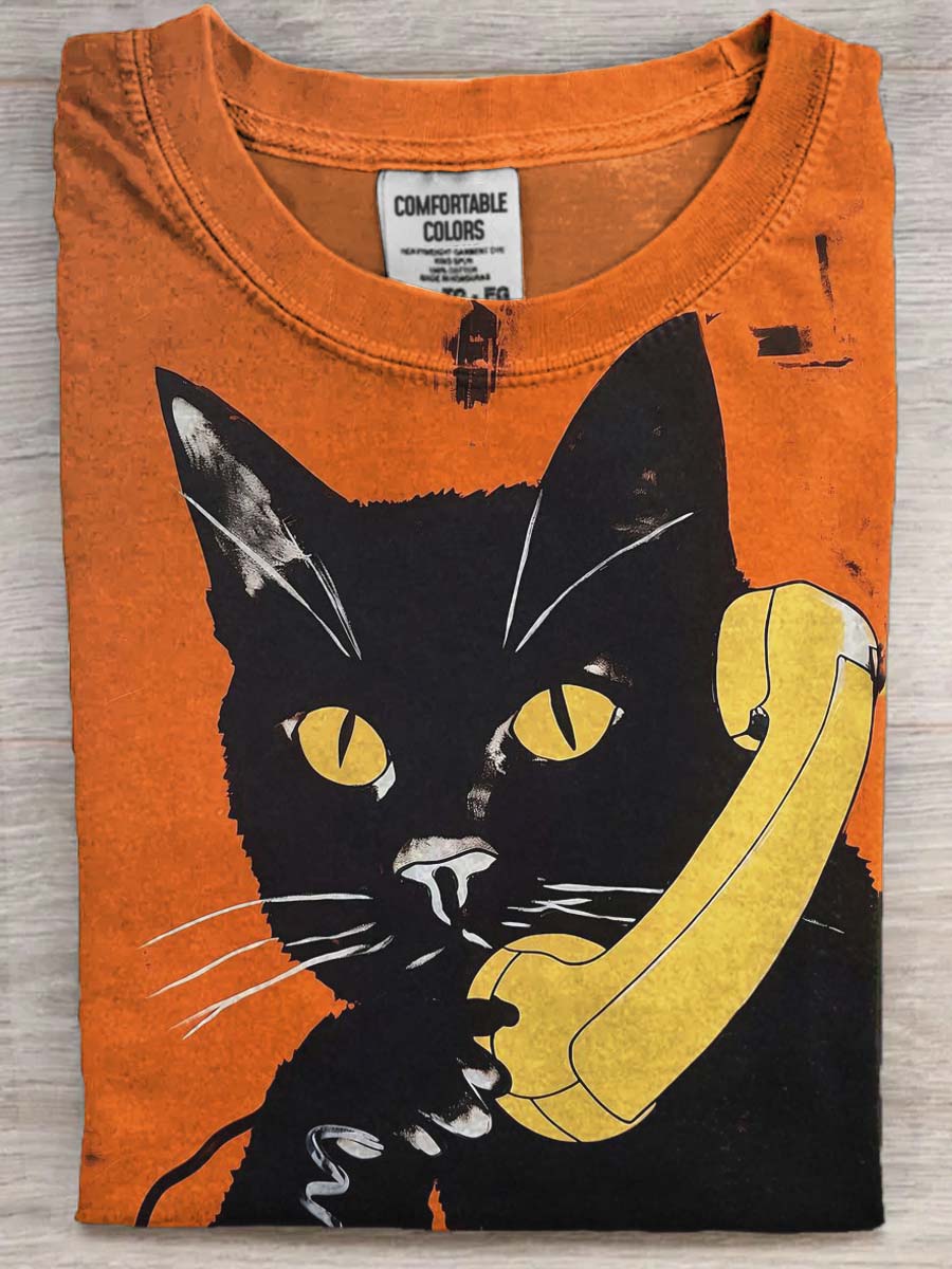 Calling Cat Print Casual Short Sleeve T-Shirt
