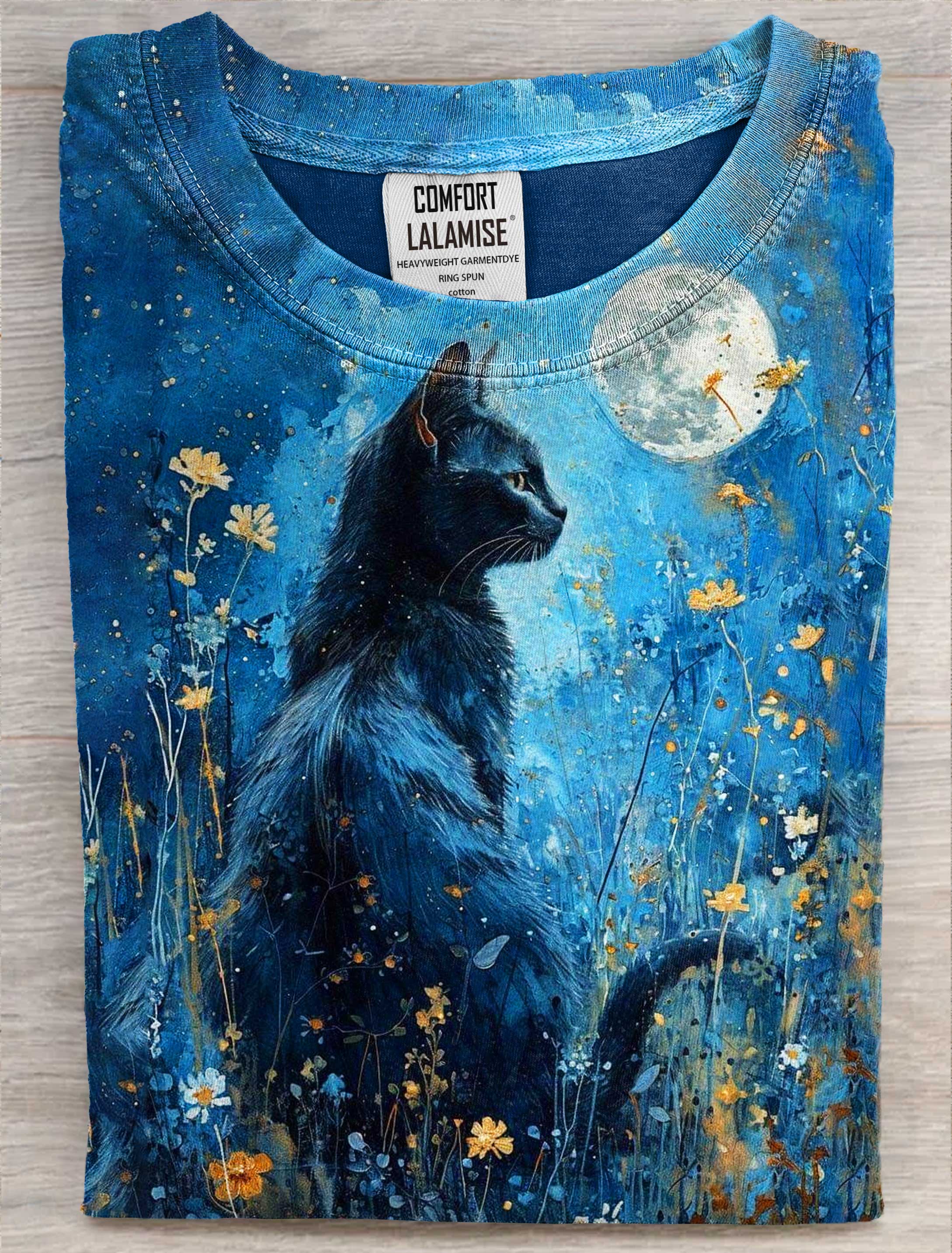 Black Cat In The Moonlight Art Print Casual Short Sleeve T-shirt