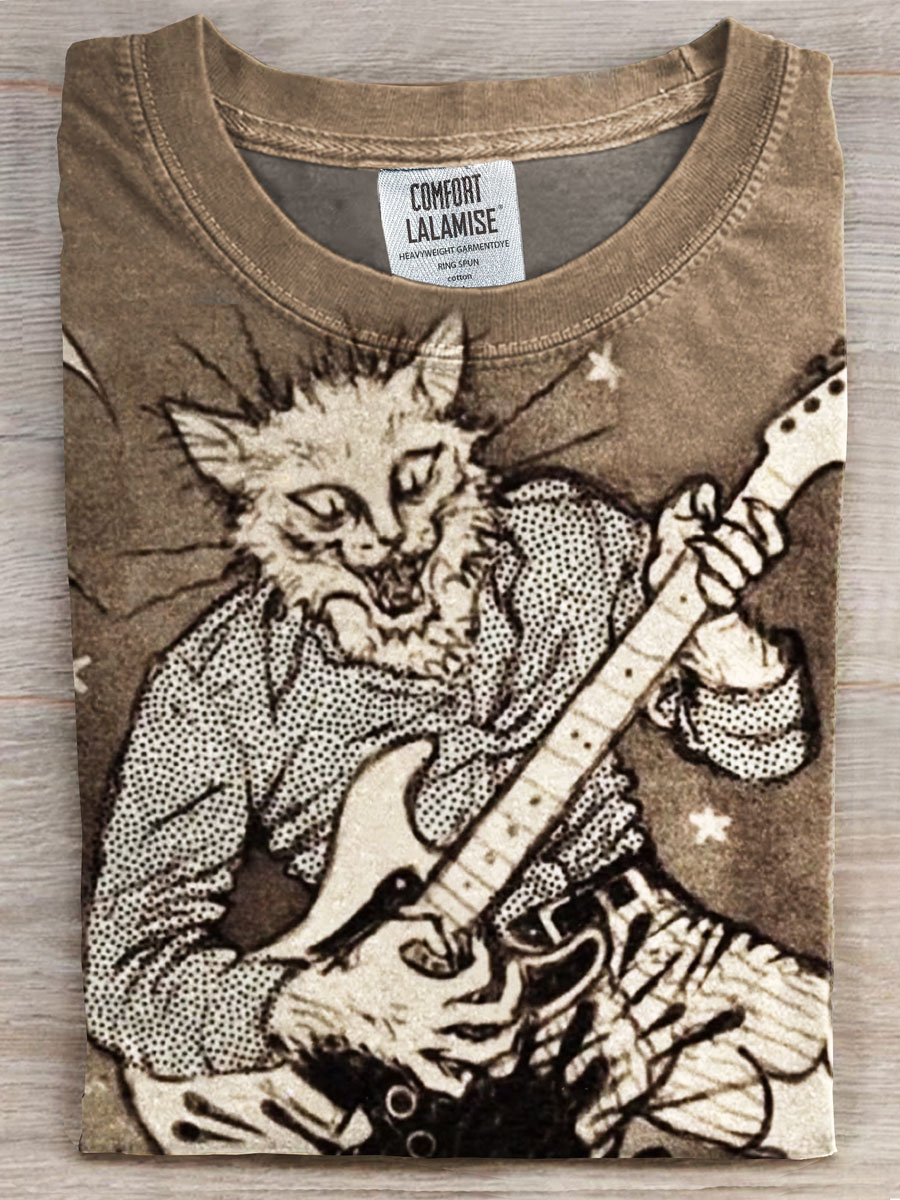 Rock Cat Art Print Casual T-shirt