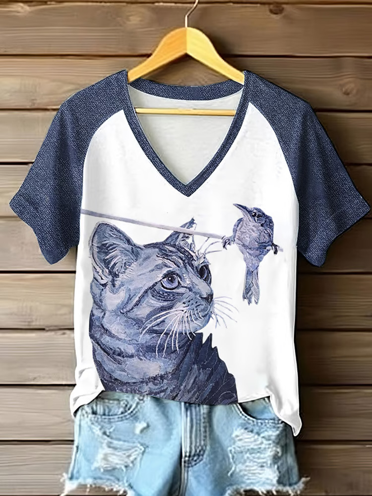 Women's Retro Animal Cat Print Short Sleeve T-shirt