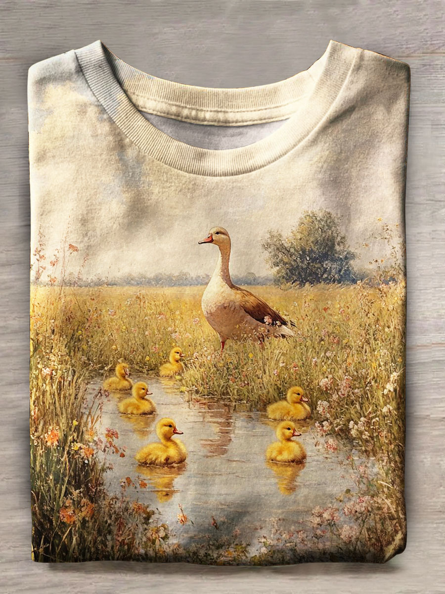 Vintage Duck Print Casual T-shirt