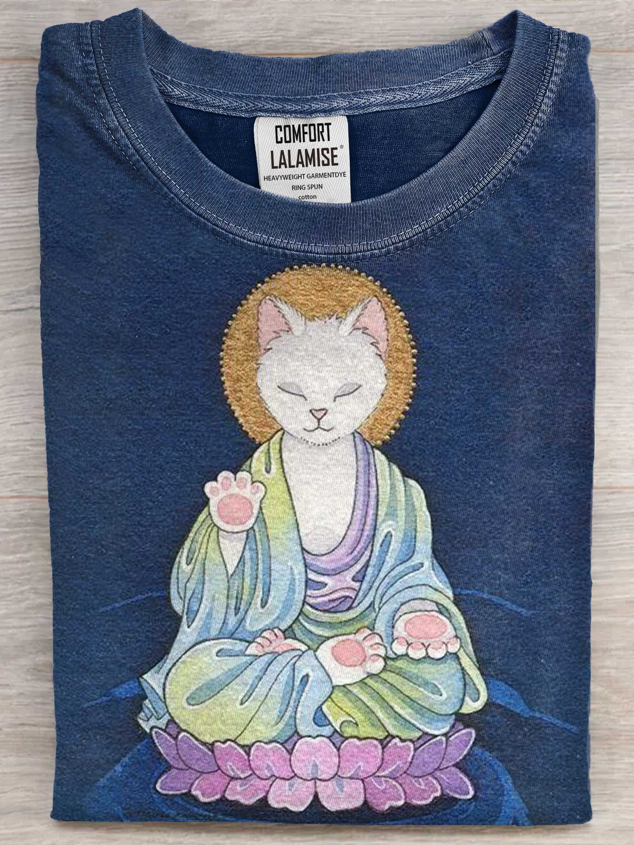 Cat Buddha Art Print Casaul Short Sleeve T-shirt