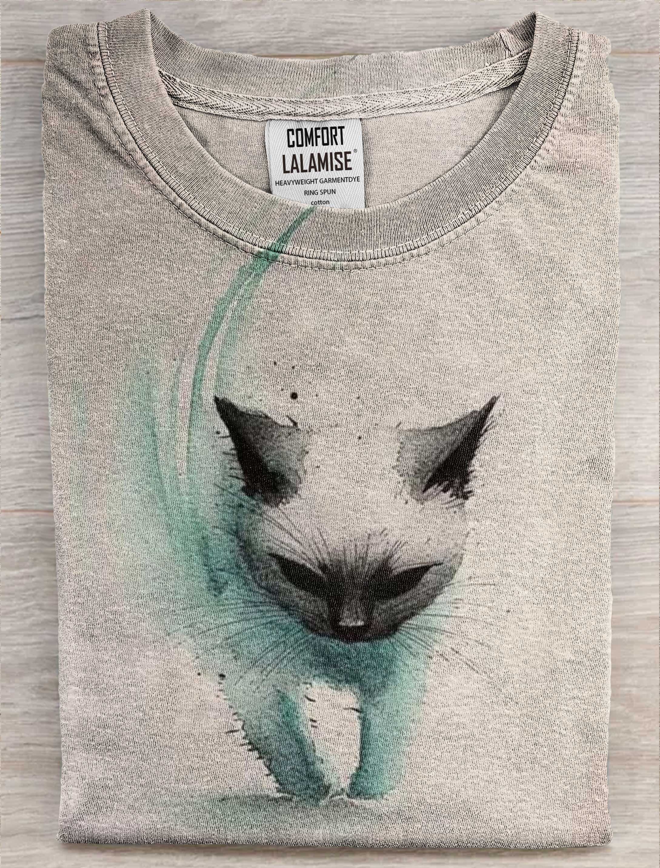 Cat Art Print Casaul Short Sleeve  T-shirt