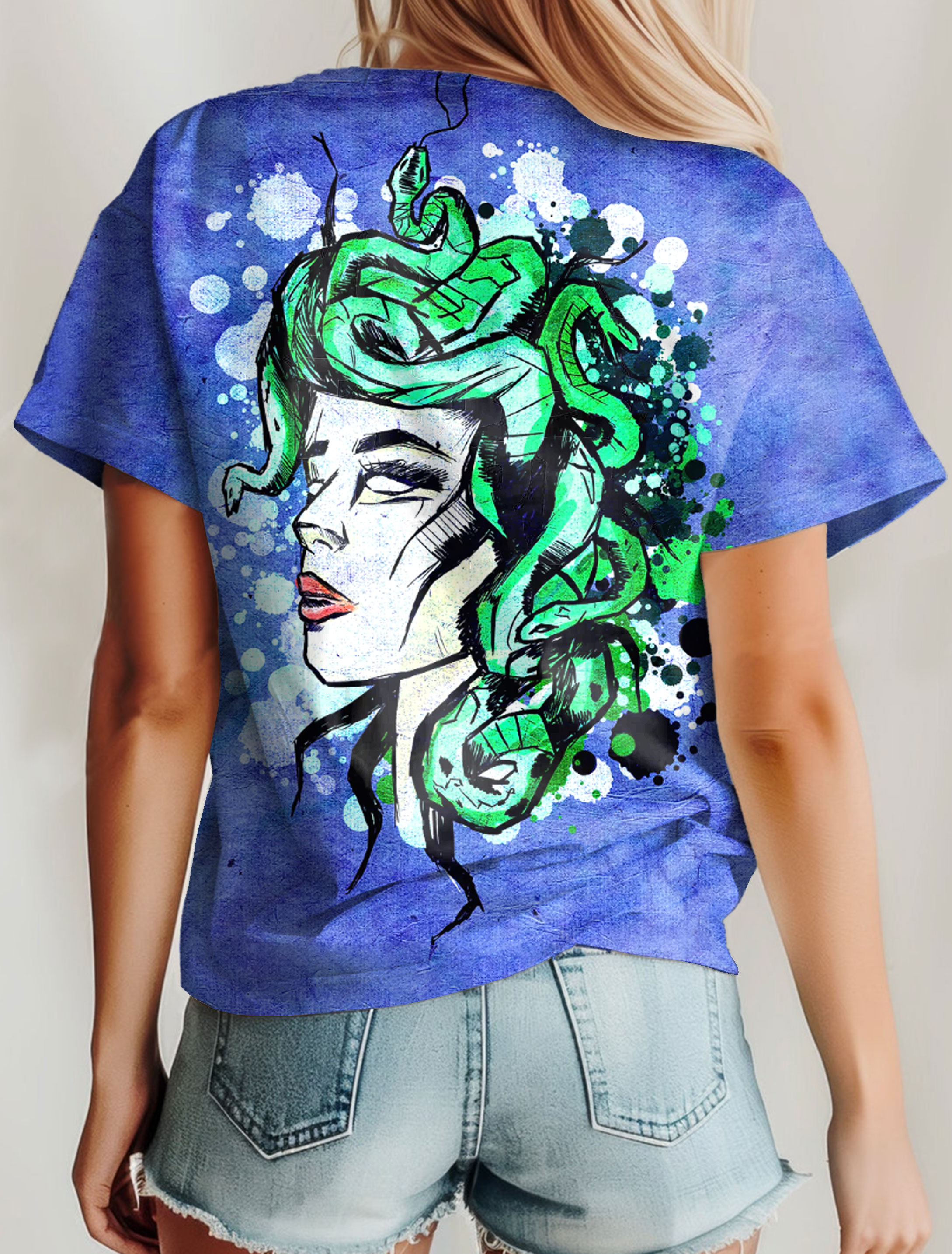 Creepy medusa snake Girl Art Print Casaul Short Sleve T-shirt