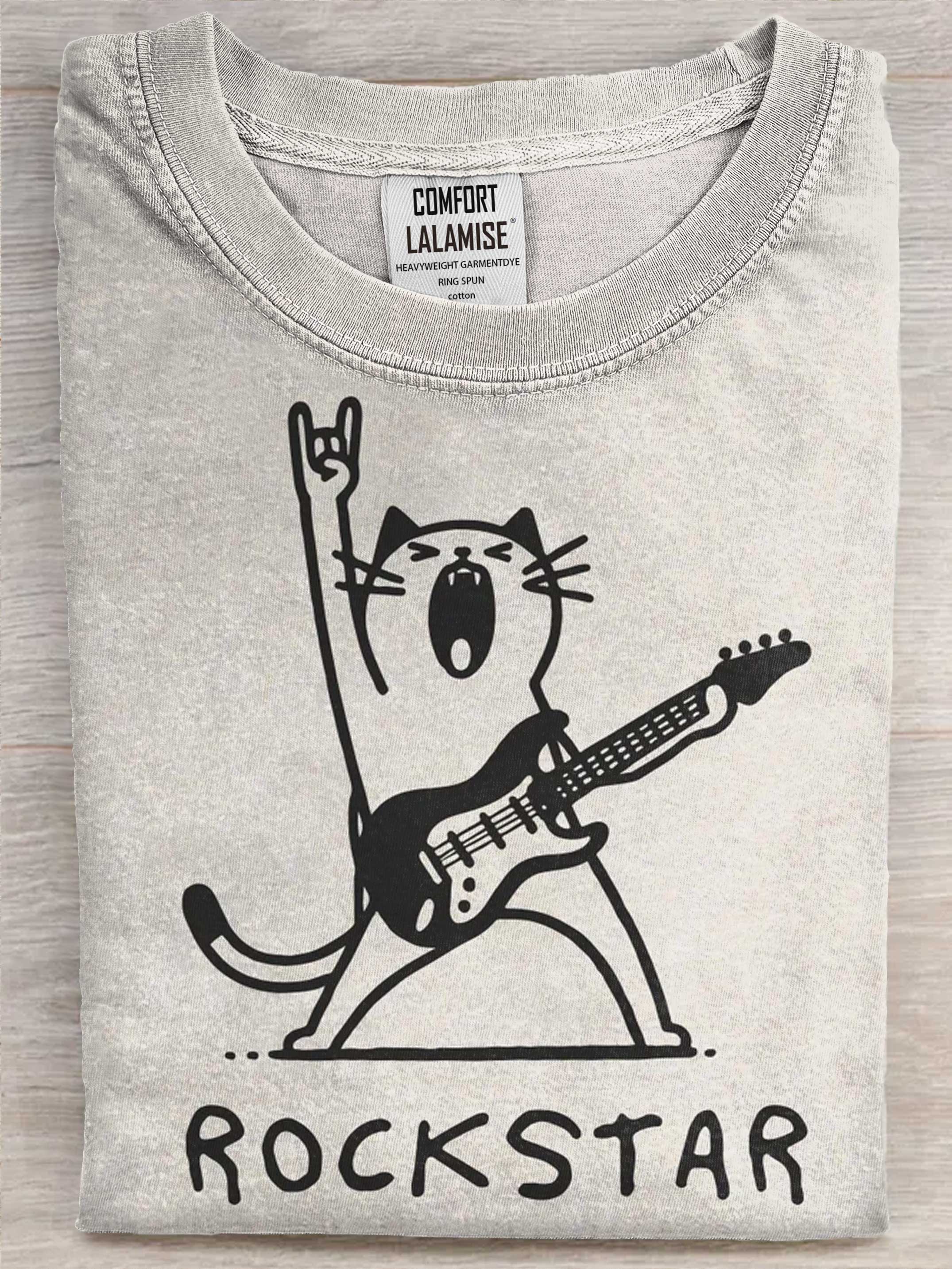 Rock and Roll Cat Art Print Causal Cotton Short Sleeve T-shirt