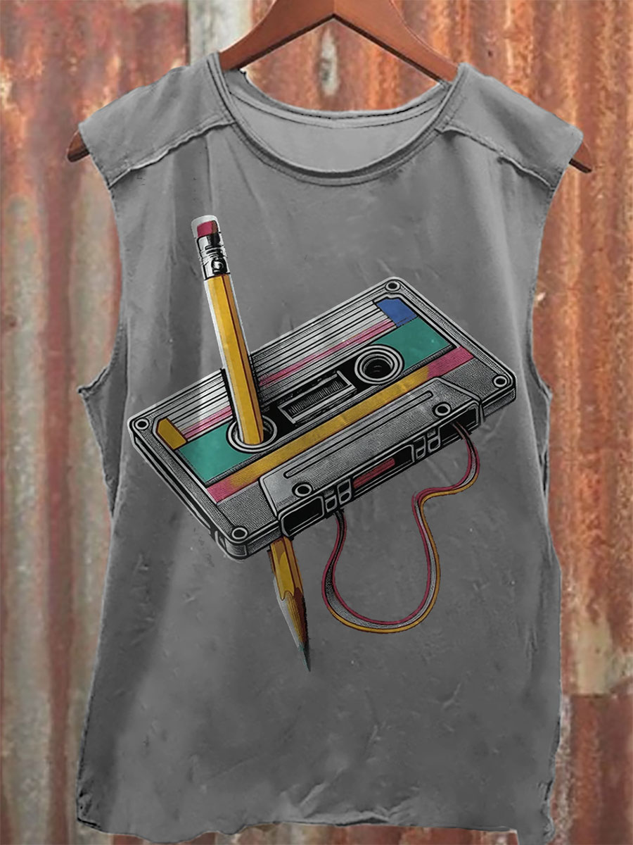 Vintage Tape Print 100% Cotton Casual Tank Top