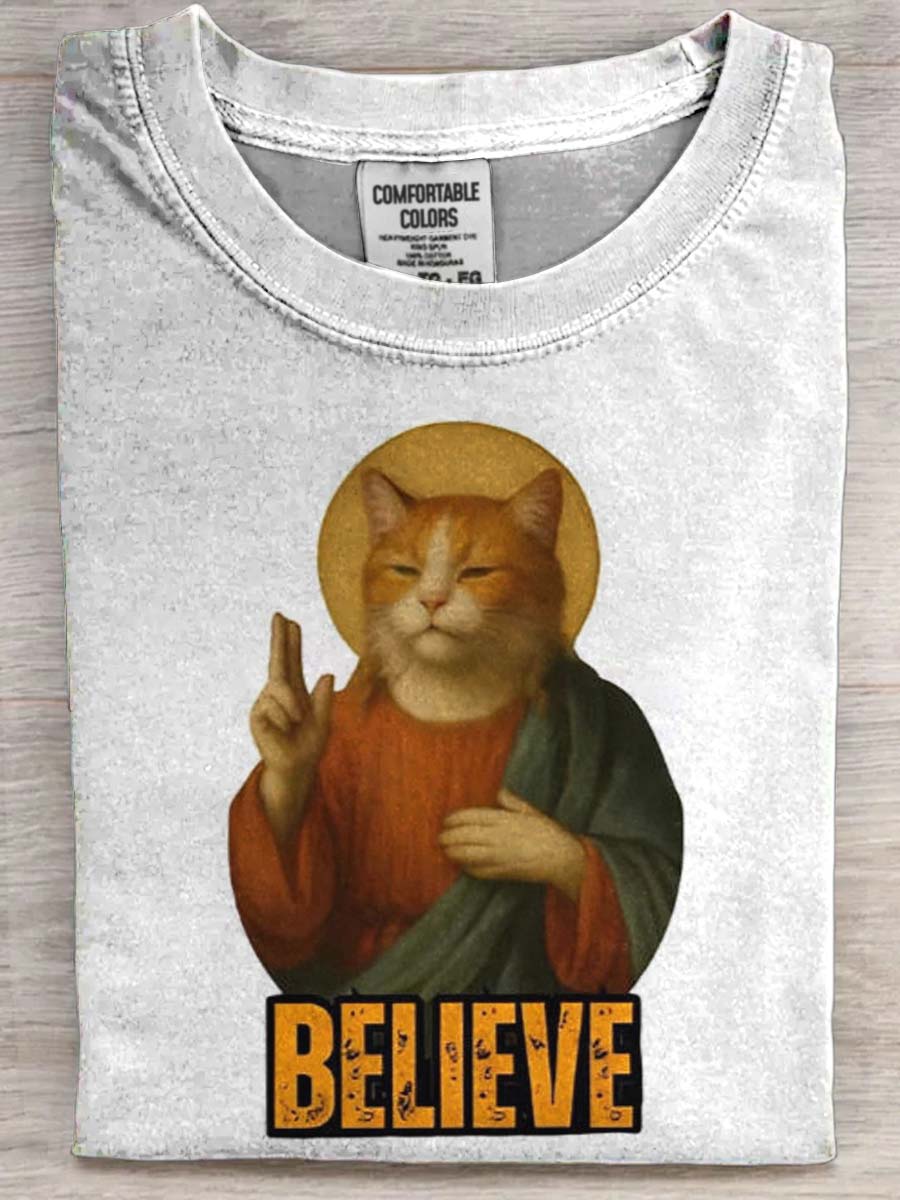Cat & Peace Gesture Print Casual Short Sleeve T-Shirt