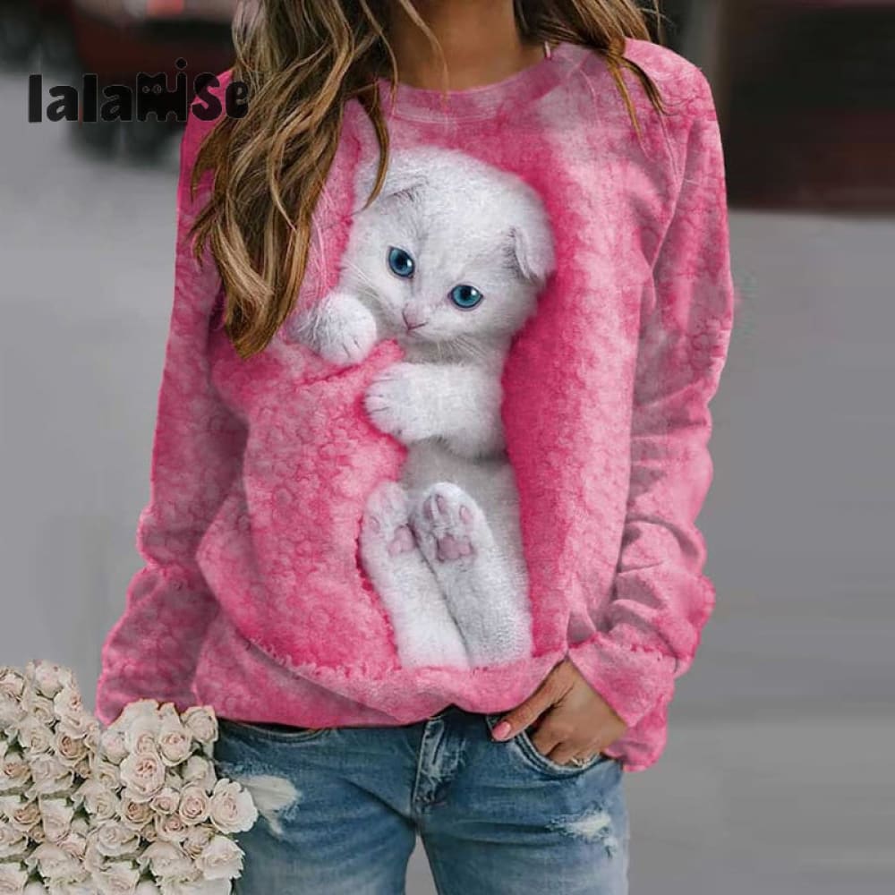 Cat Print Round Neck Casual Sweatshirt