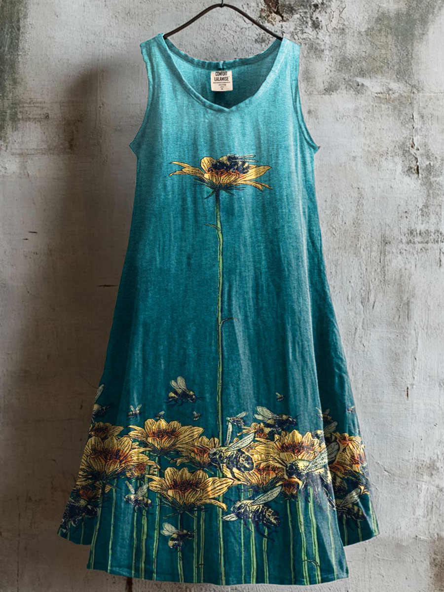 Women's Bee Art Print V-neck Pocket Cotton Dress