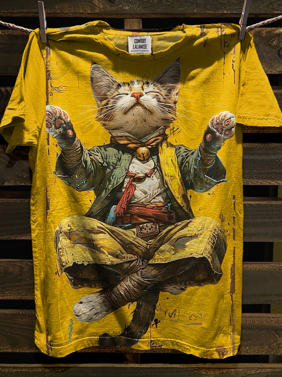 Meditating Cat Art Print Casaul Short Sleeve T-shirt