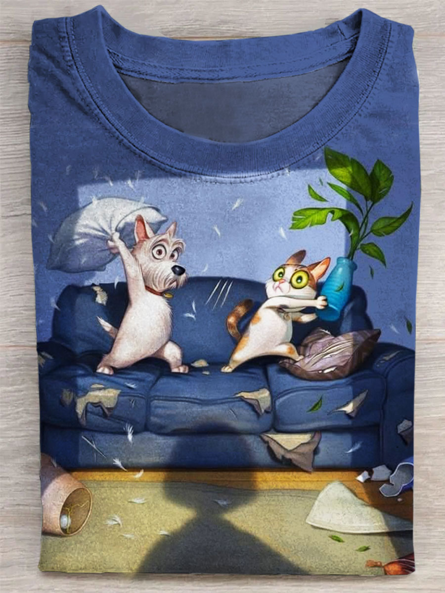 Funny Cat and Dog Printed Casual T-shirt