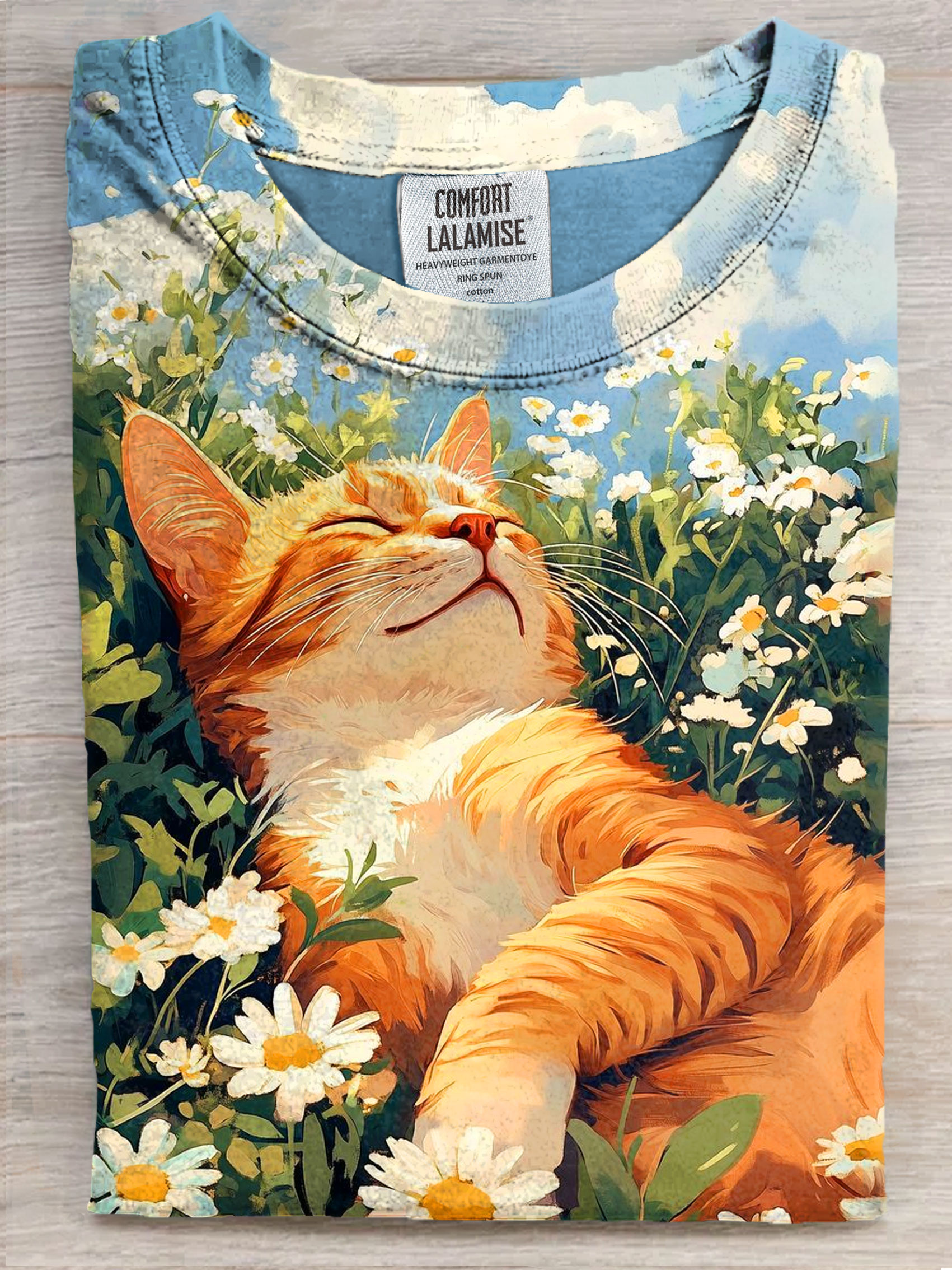 Cat In Daisy Art Print Casual Short Sleeve T-shirt