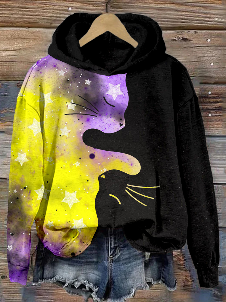 Non-binary Yin Yang Cat Print Vintage Cozy Hoodie