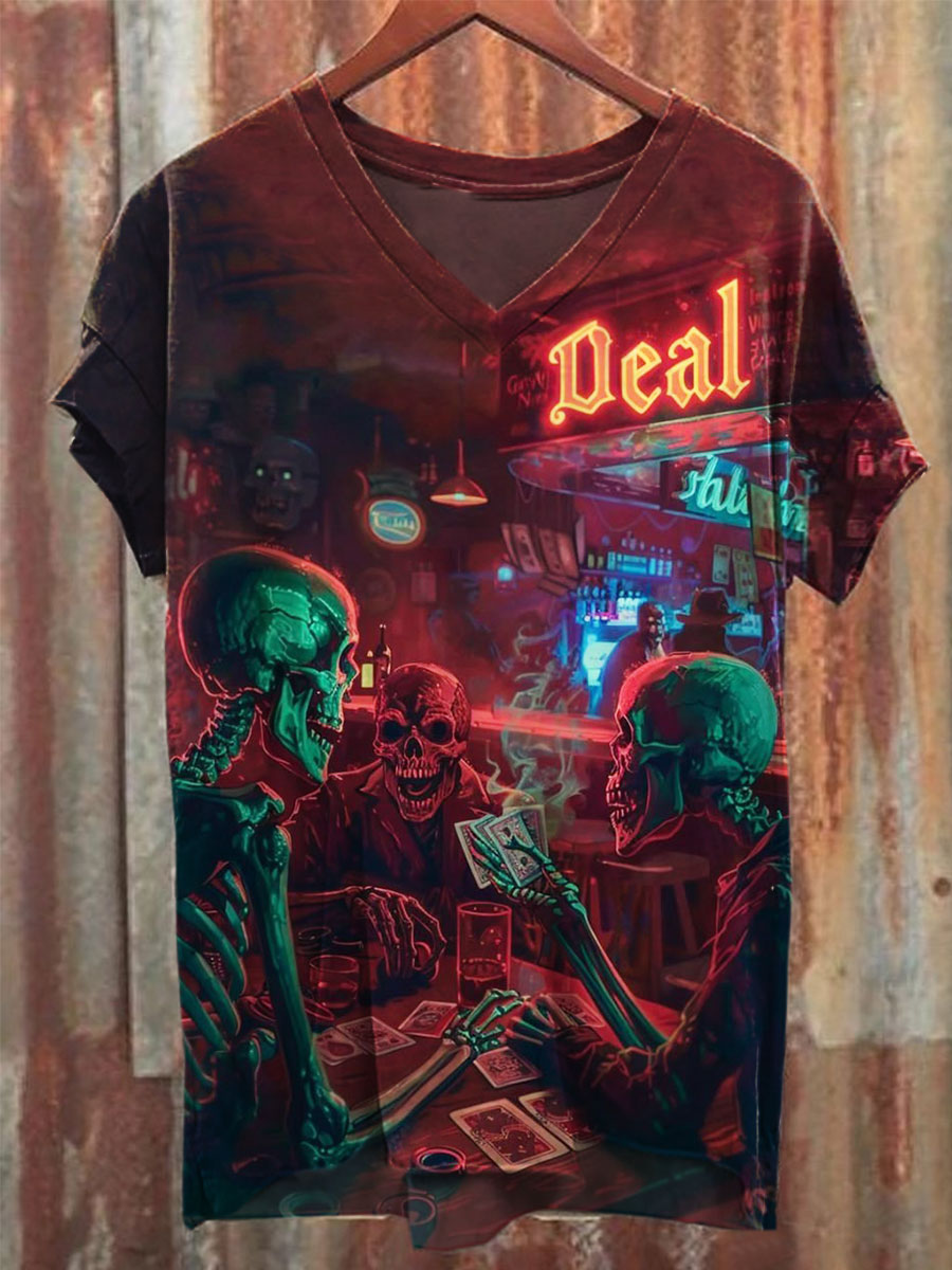 Skull Print V-neck Casual T-Shirt