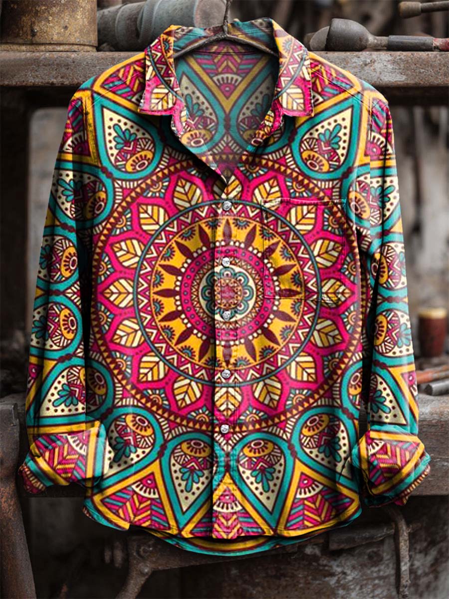 Colorful Ethnic Mandala Pattern Art Print 100% Cotton Long Sleeve Shirt