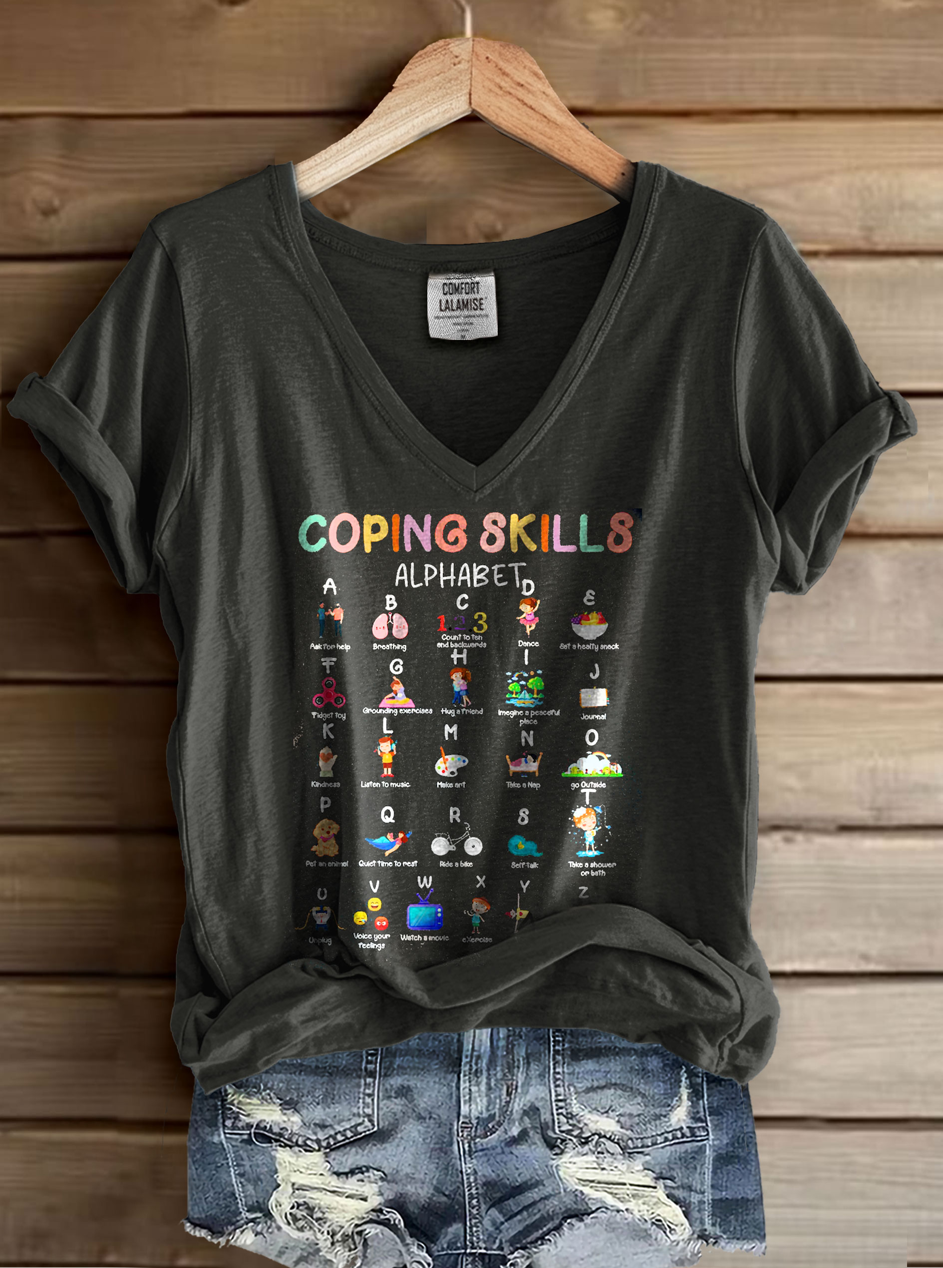 Coping Skills Alphabet Print V-neck Casual T-Shirt