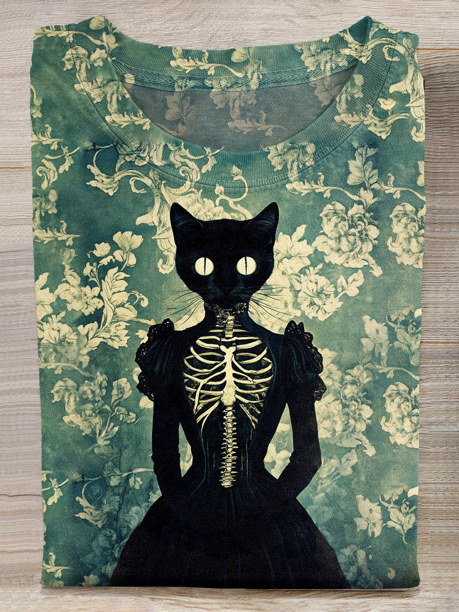 Vintage Skull Cat Art Print Casual Cotton T-shirt