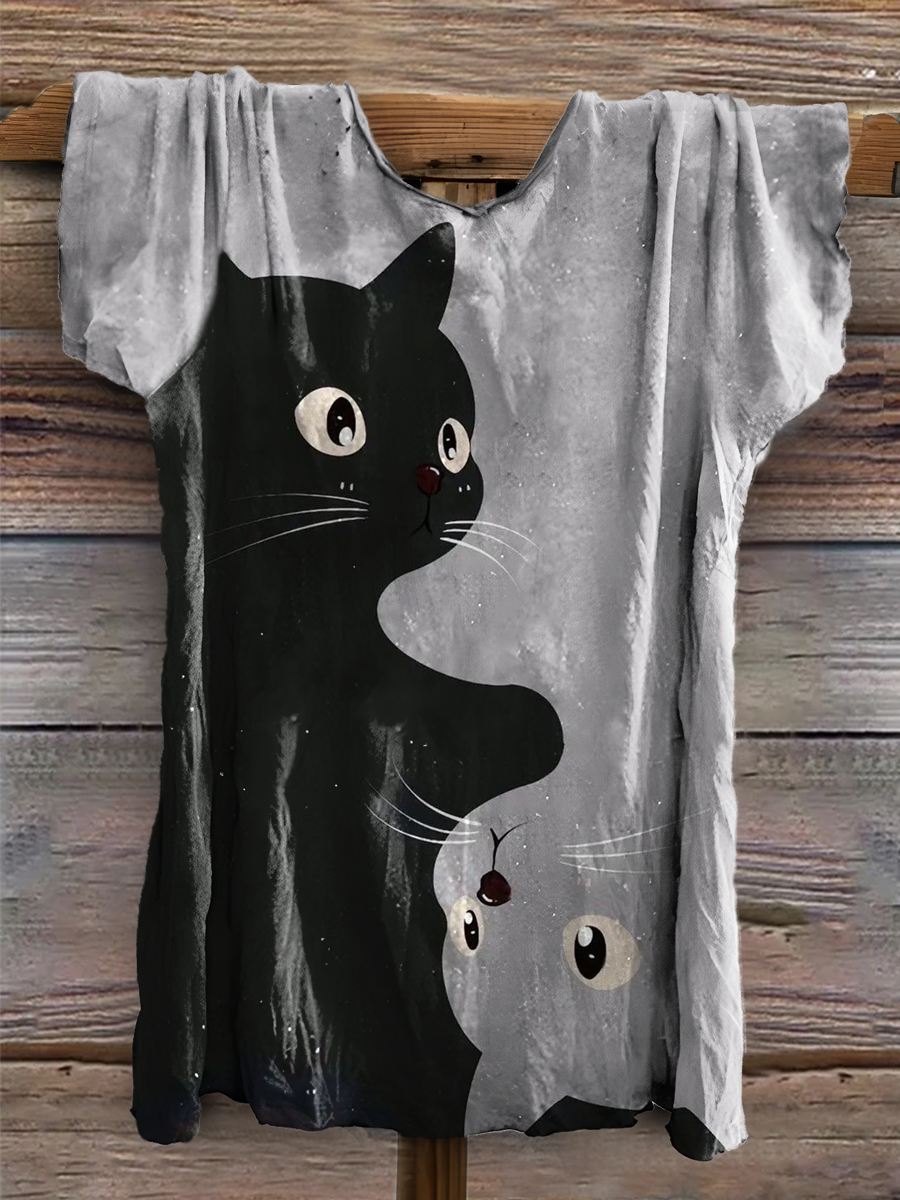 Cat Print Cotton Crew Tee