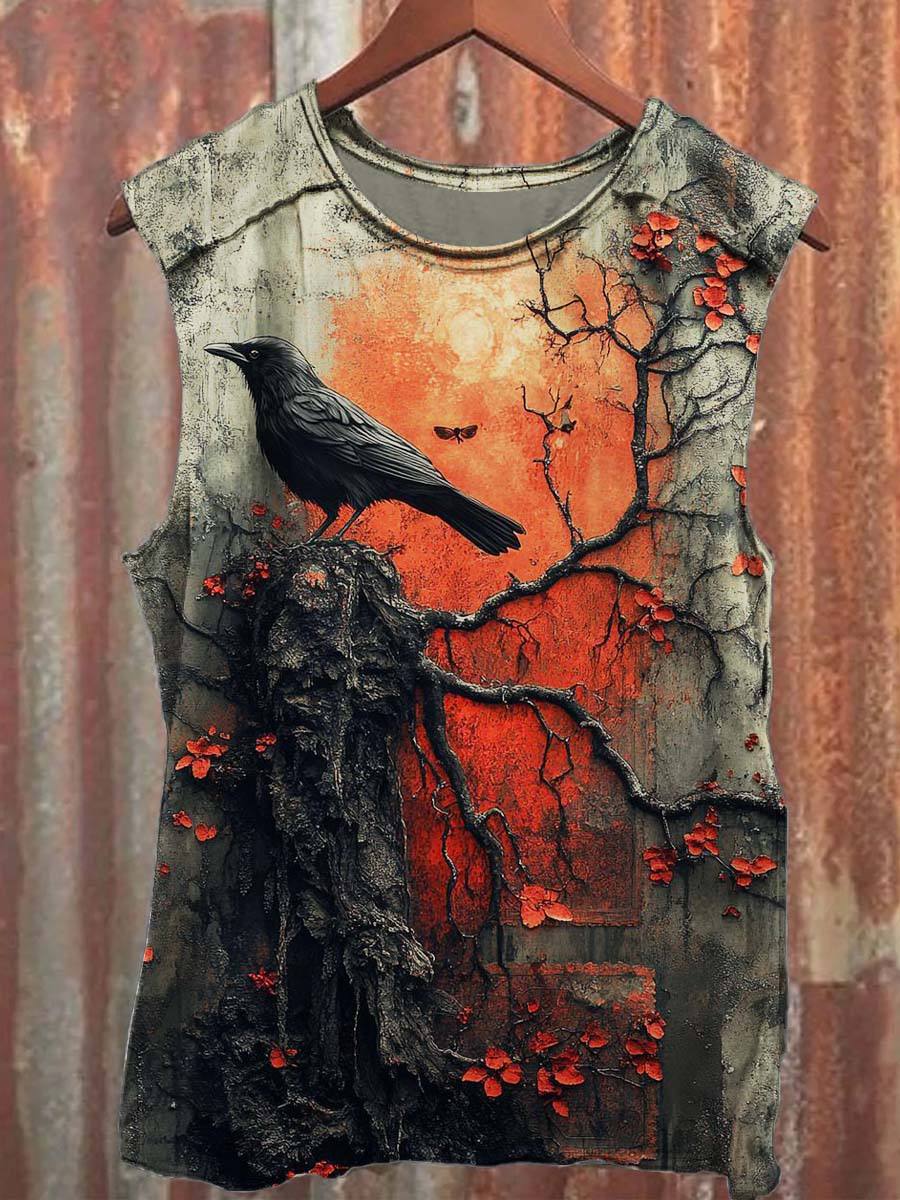 Floral Raven Print Casual Tank Top