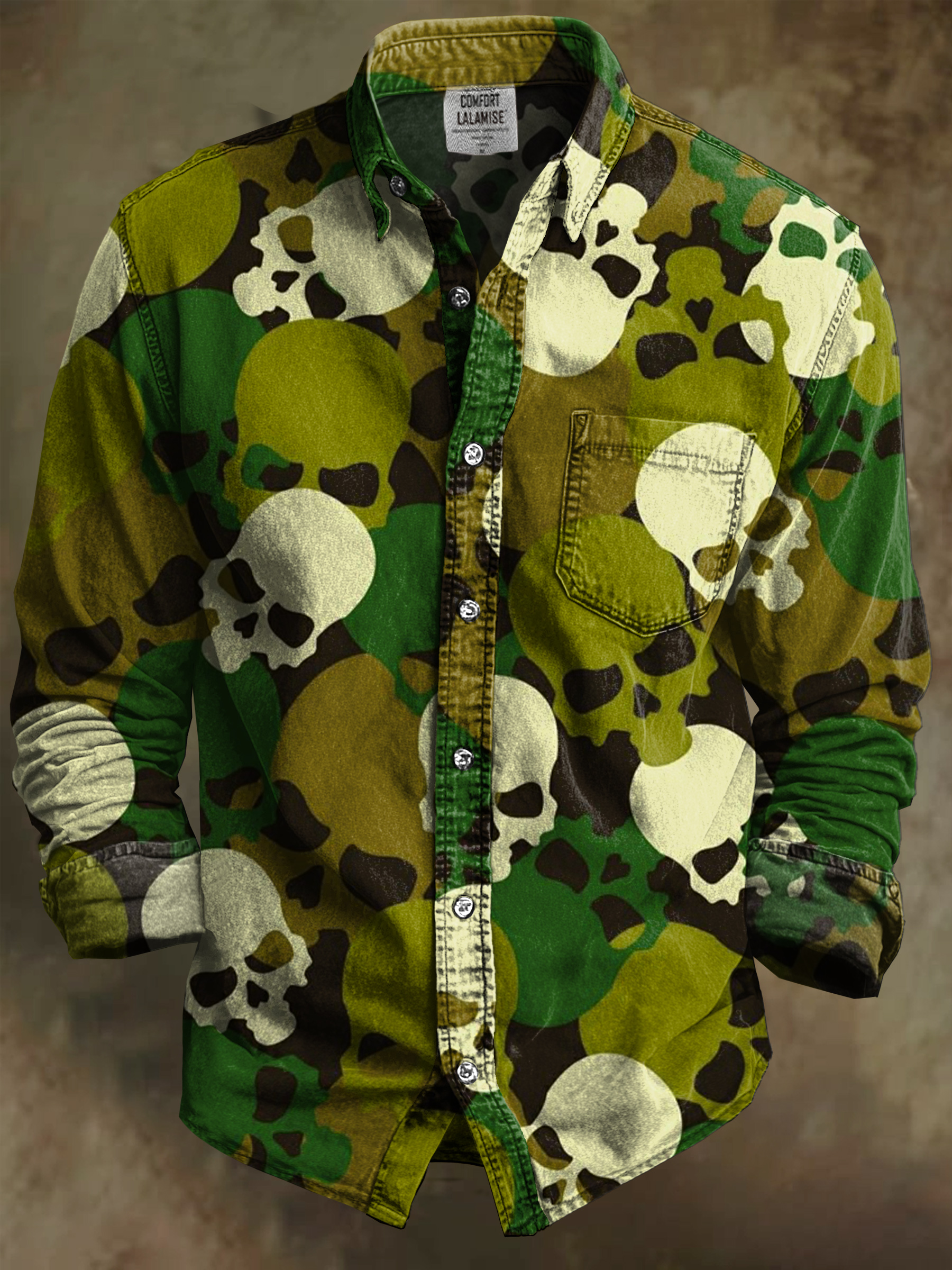 Green Vintage Abstract Halloween Bat Art Print 100% Cotton Long Sleeve Shirt