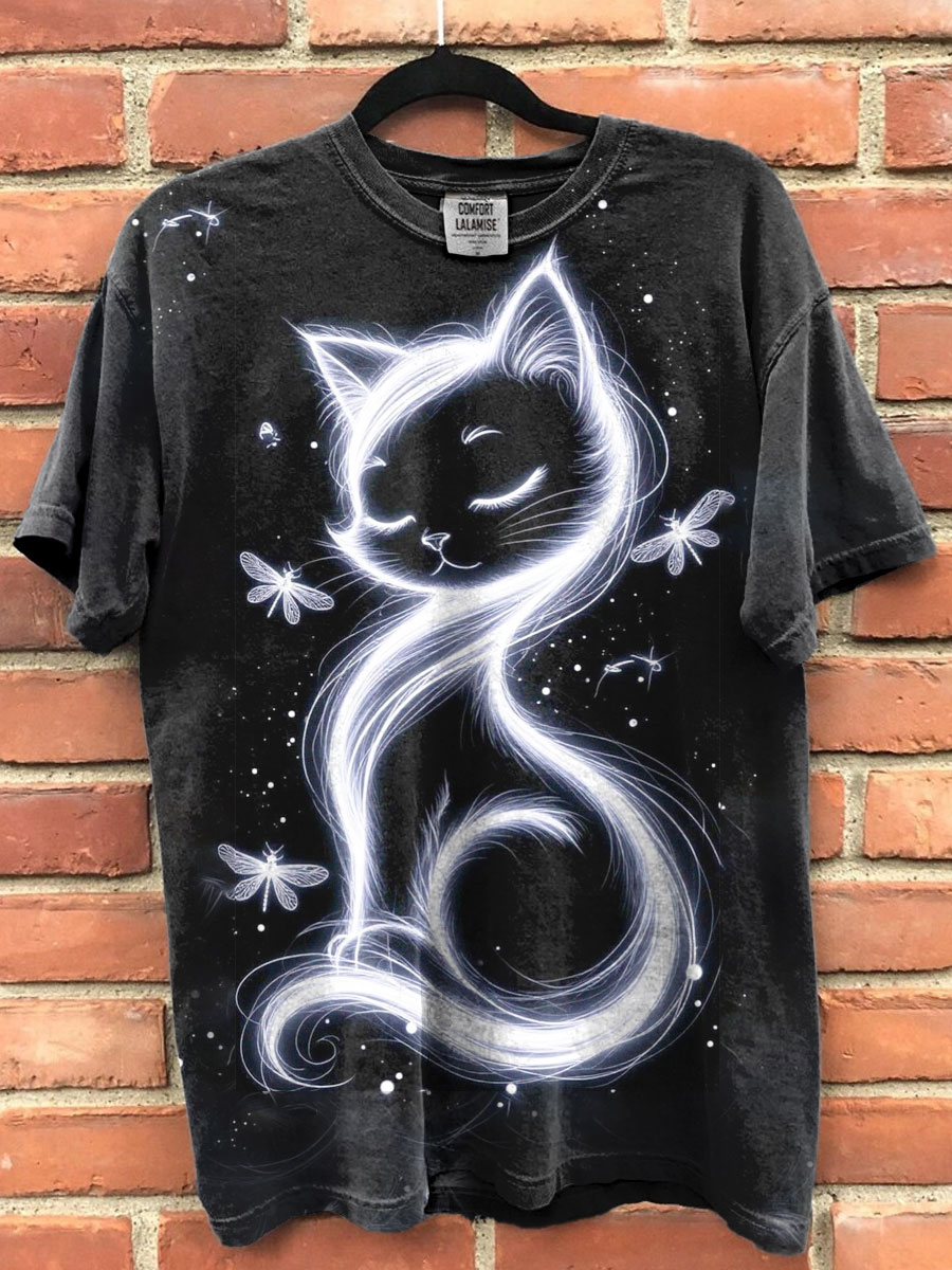 Cat Art Print Casaul Cotton Short Sleeve T-shirt