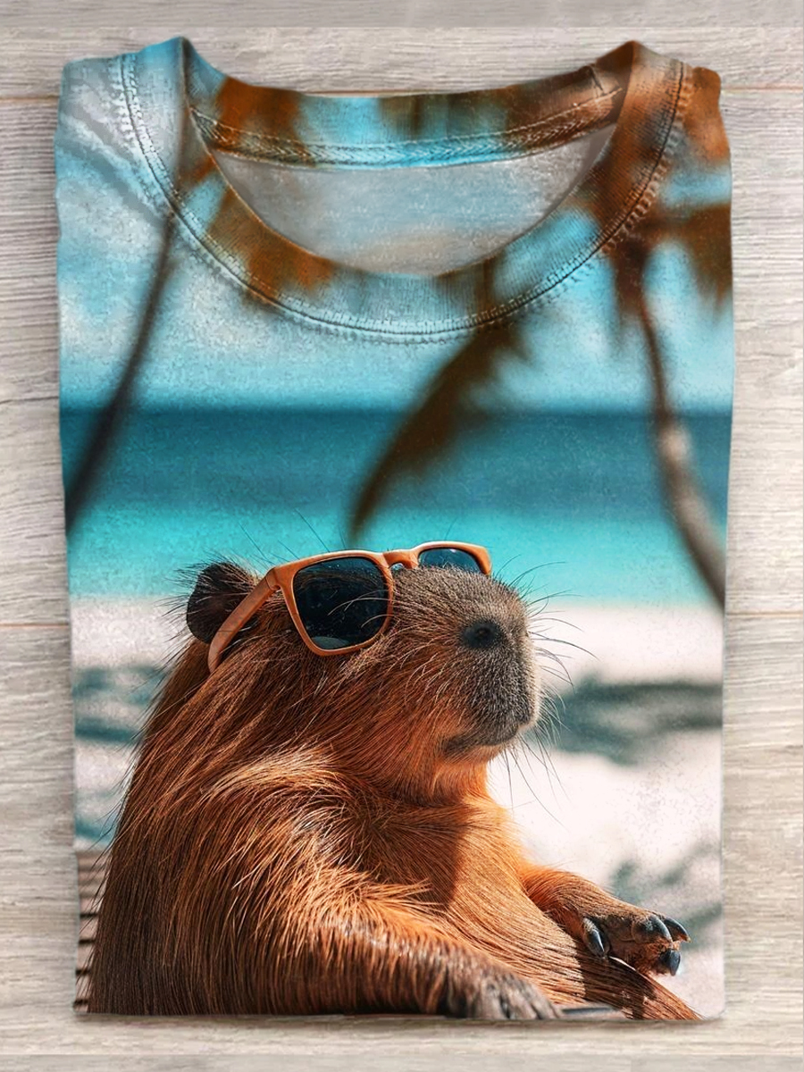 Vintage Fun Vacation Kapybara Art Print Casual Short Sleeve T-Shirt