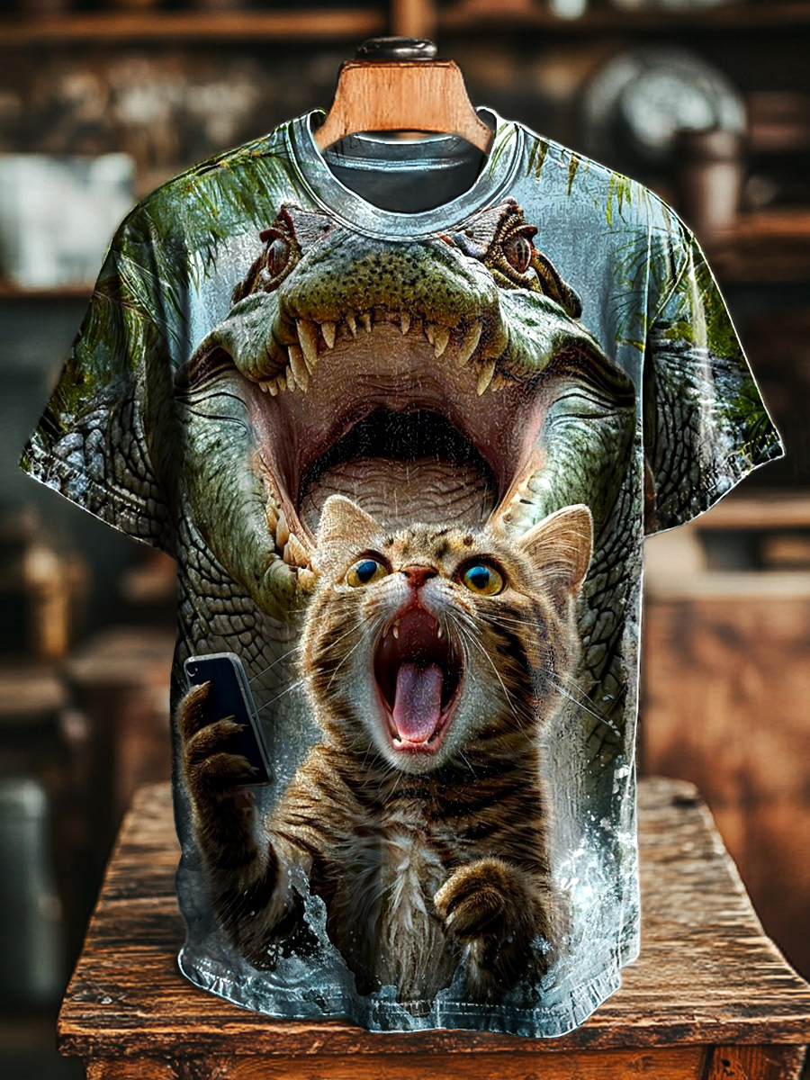 Unisex Fun Screaming Cat & Crocodile Print Casual Loose T-Shirt