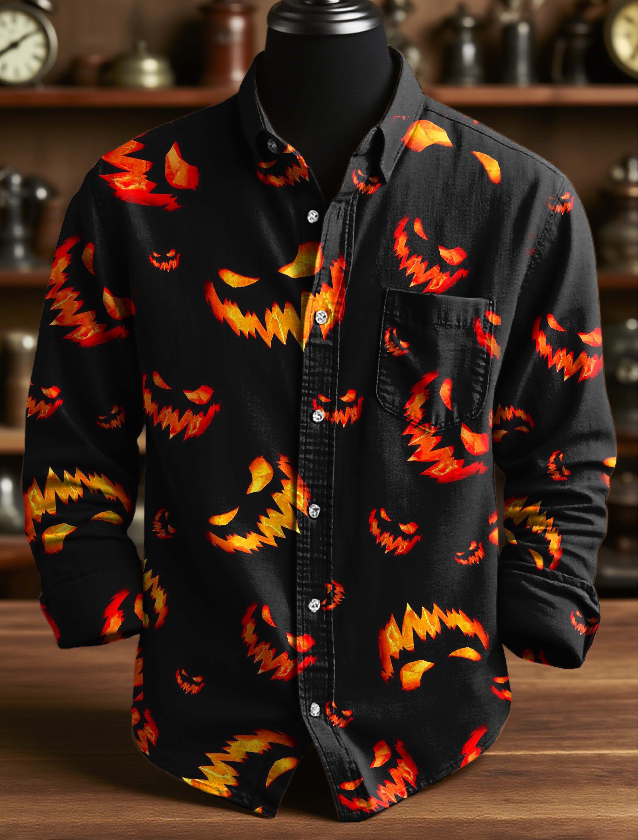 Halloween Evil Pumpkin Smiley Face Print 100% Cotton Long Sleeve Shirt