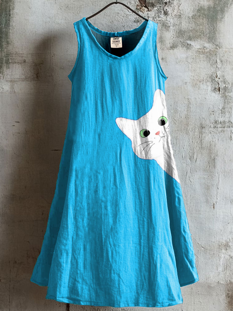 Women's Cute Cat Art Print V-neck Pocket Cotton Dress