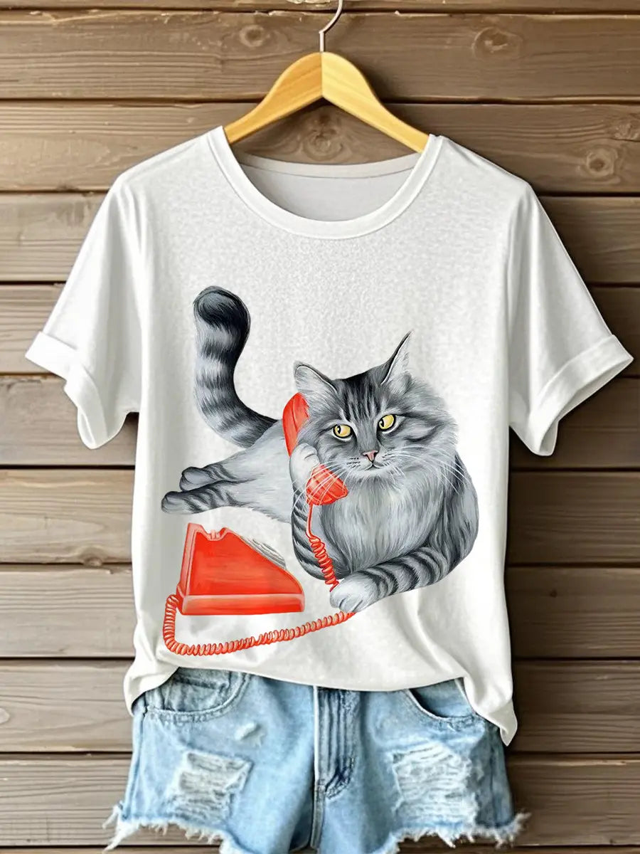 Women's phone cat print casual t-shirts