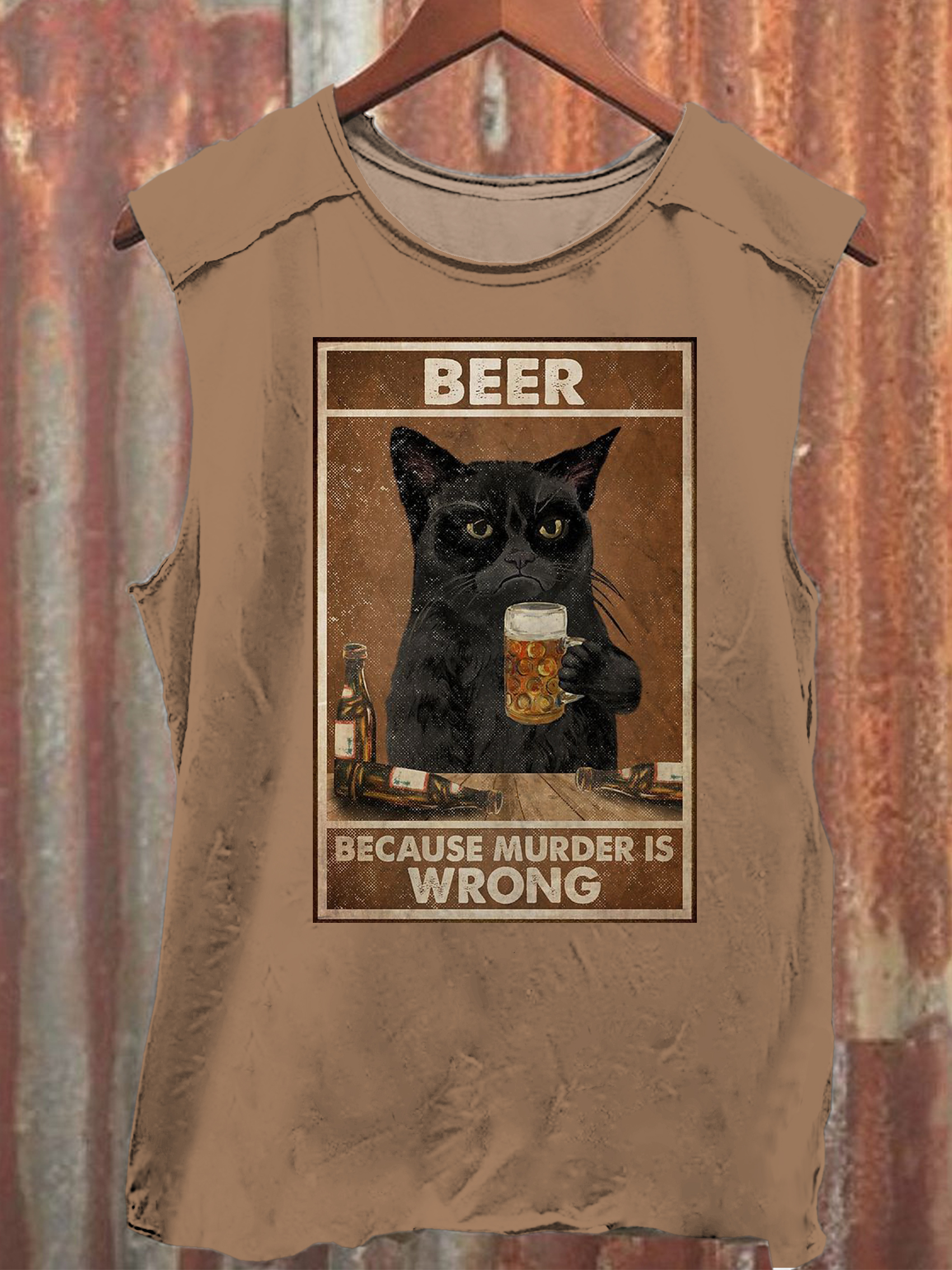Black Cat Drinks Beer Vintage Print 100% Cotton Casual Tank Top