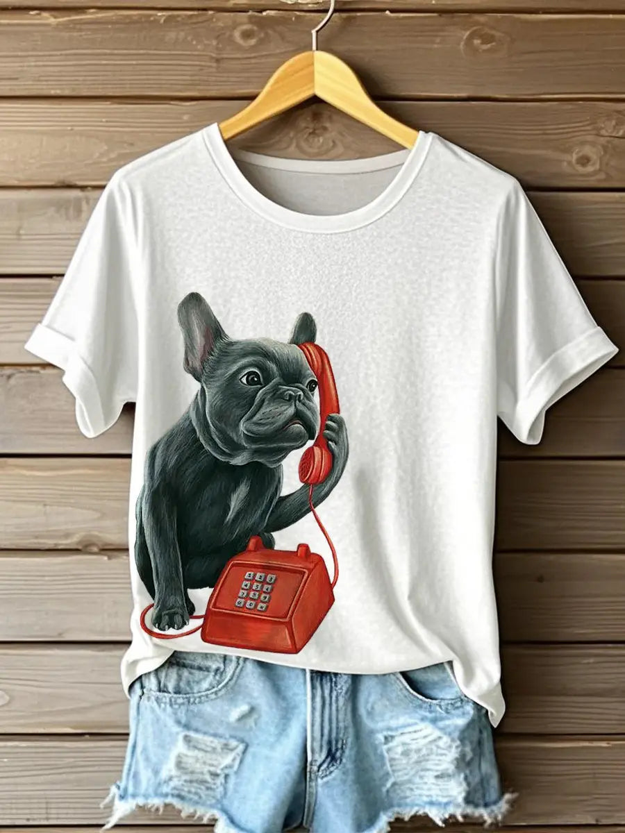 Women's French Bulldog on the phone Printed T-shirts