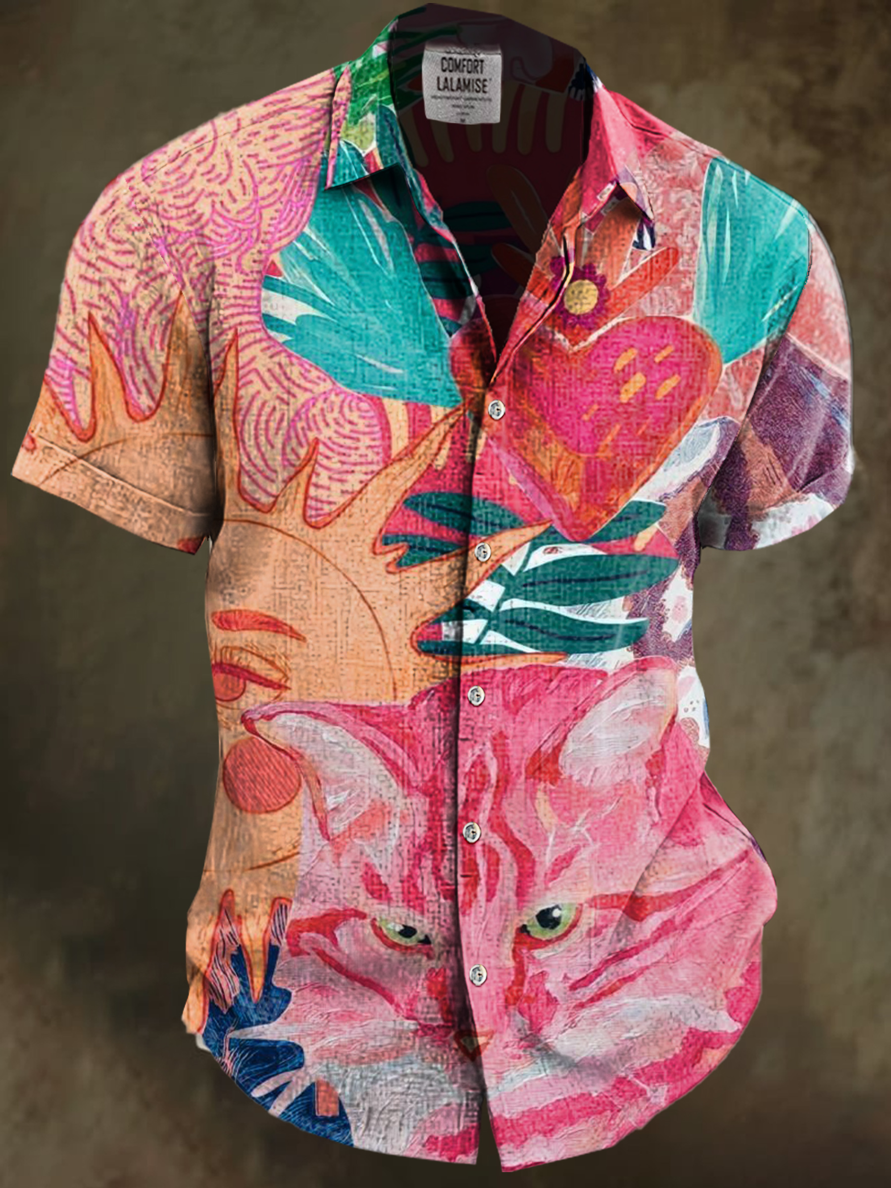 Retro Colorful Cate Art Print Casual Cotton And Linen Shirt