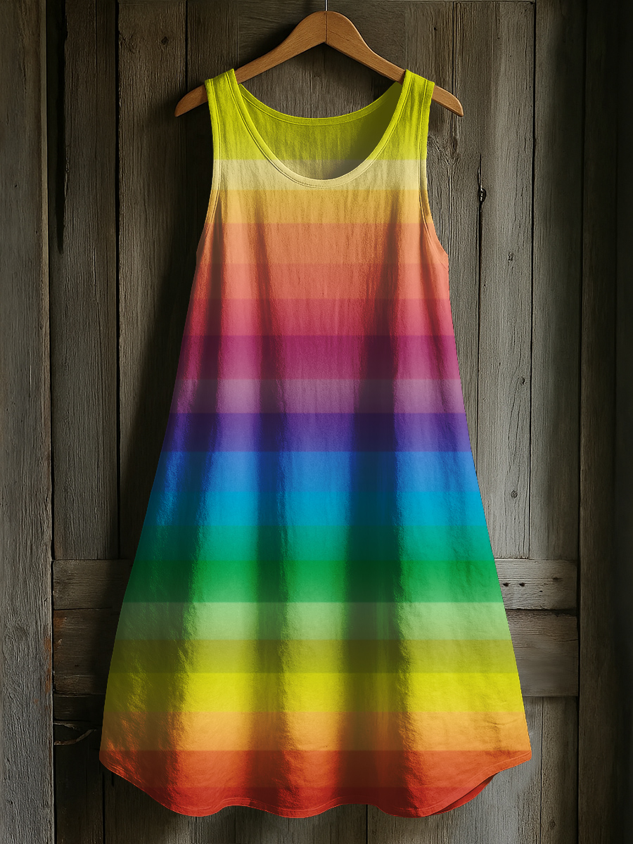 Rainbow Gradient Stripe Art Print Casual Tank Dress