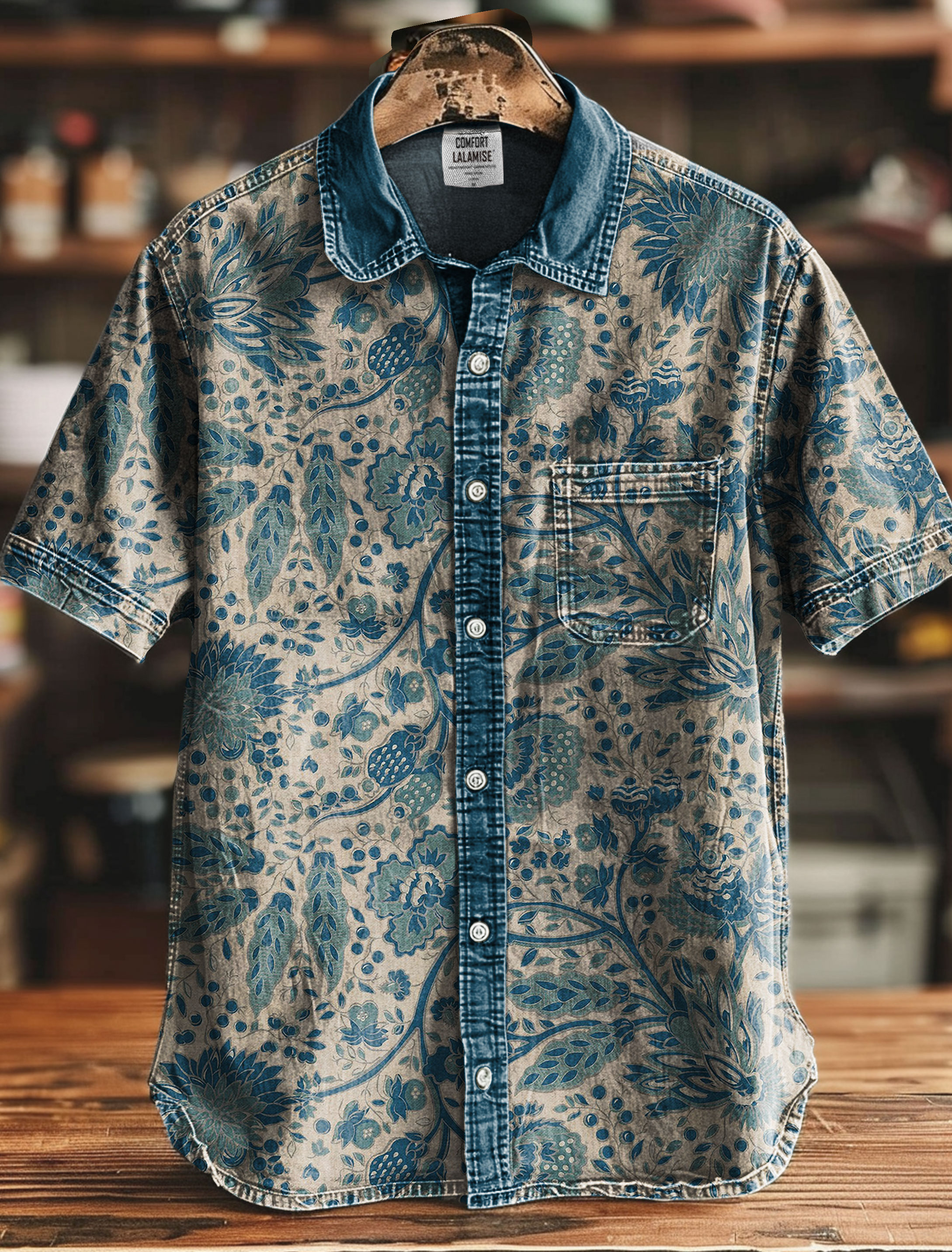 Vintage Blue Garden Art Print Casual 100% Cotton Shirt