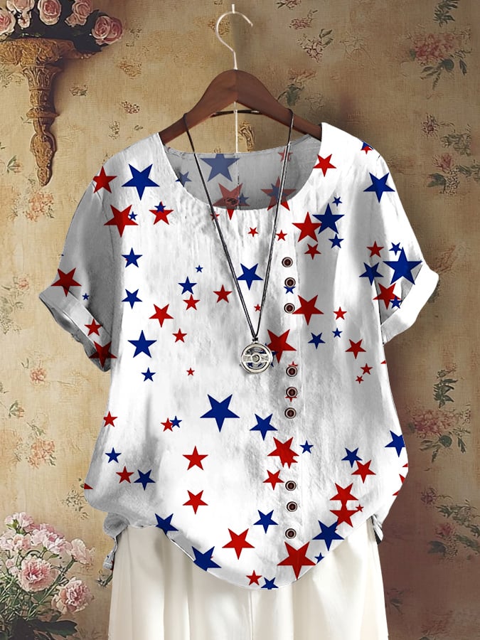 Women's Casual Cotton And Linen Independence Day Star Short-Sleeved Round Neck Shirt