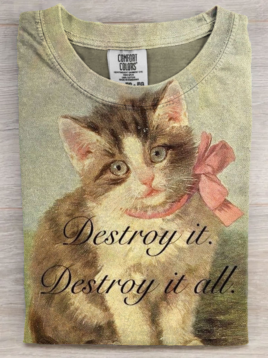 Vintage Funny Cat Art Print Casaul Short Sleeve T-shirt