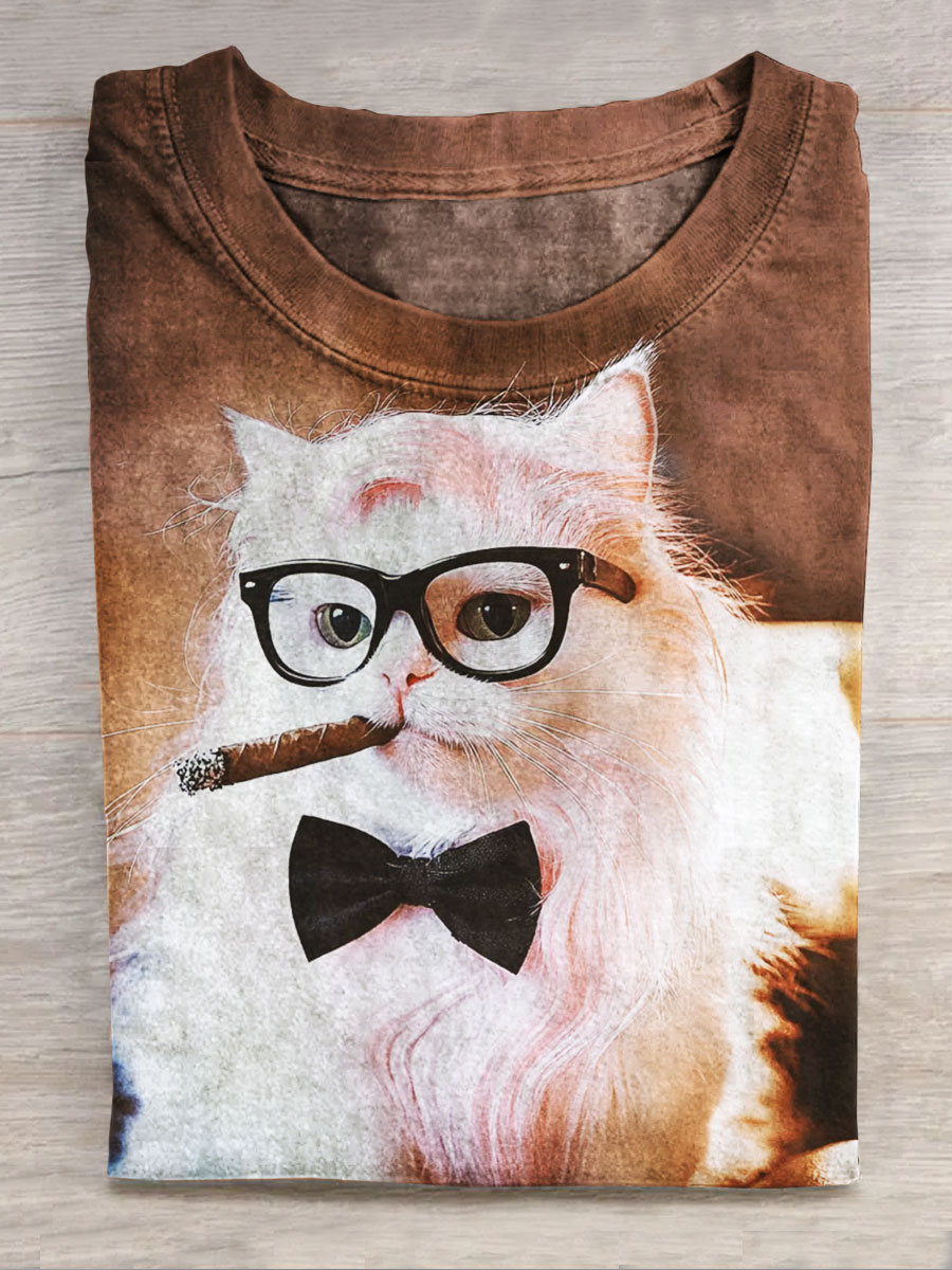 Cat Smoking Printed Short-sleeved Top