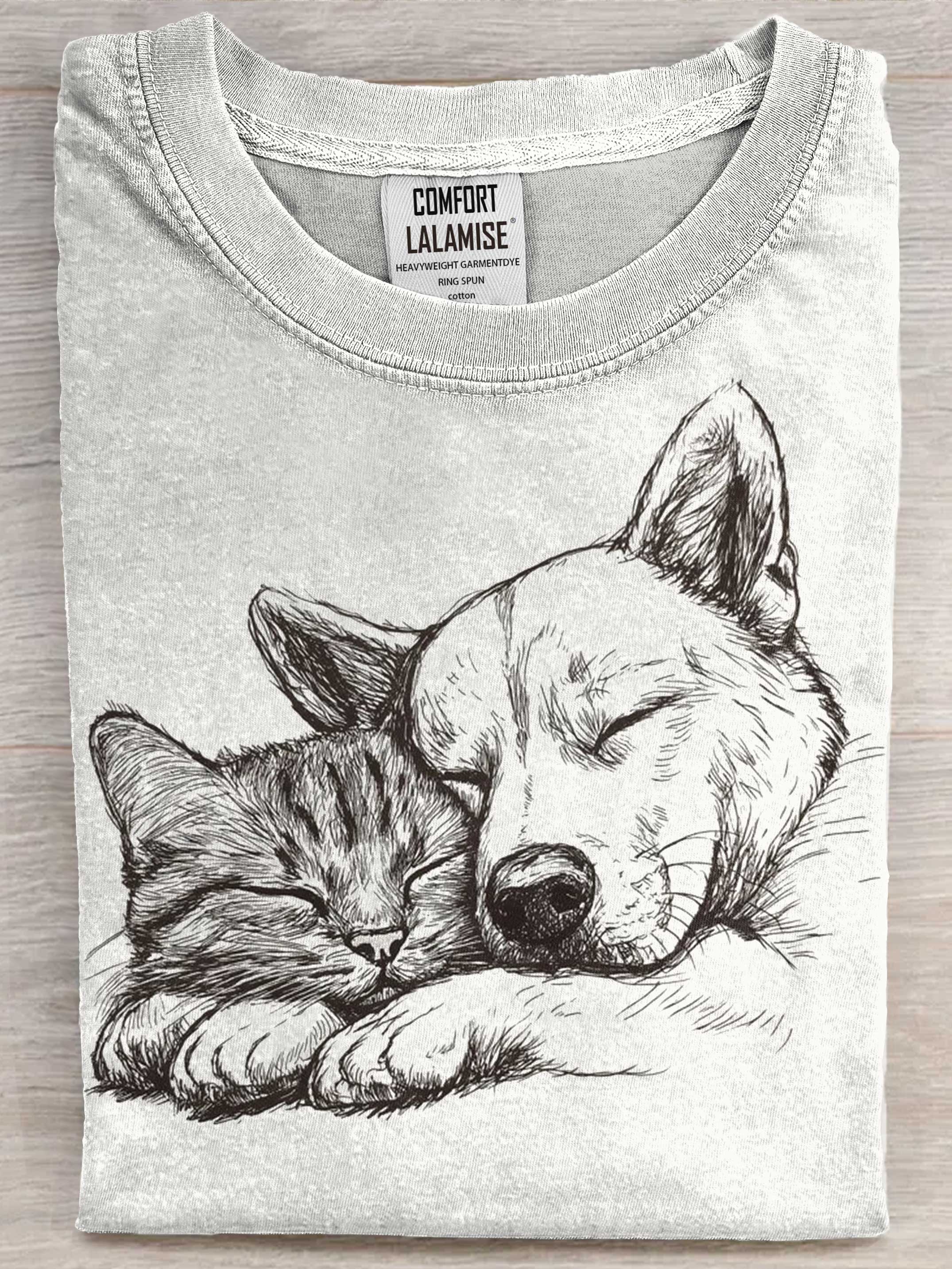 Cat Dog Lover Art Print Casual Short Sleeve T-shirt