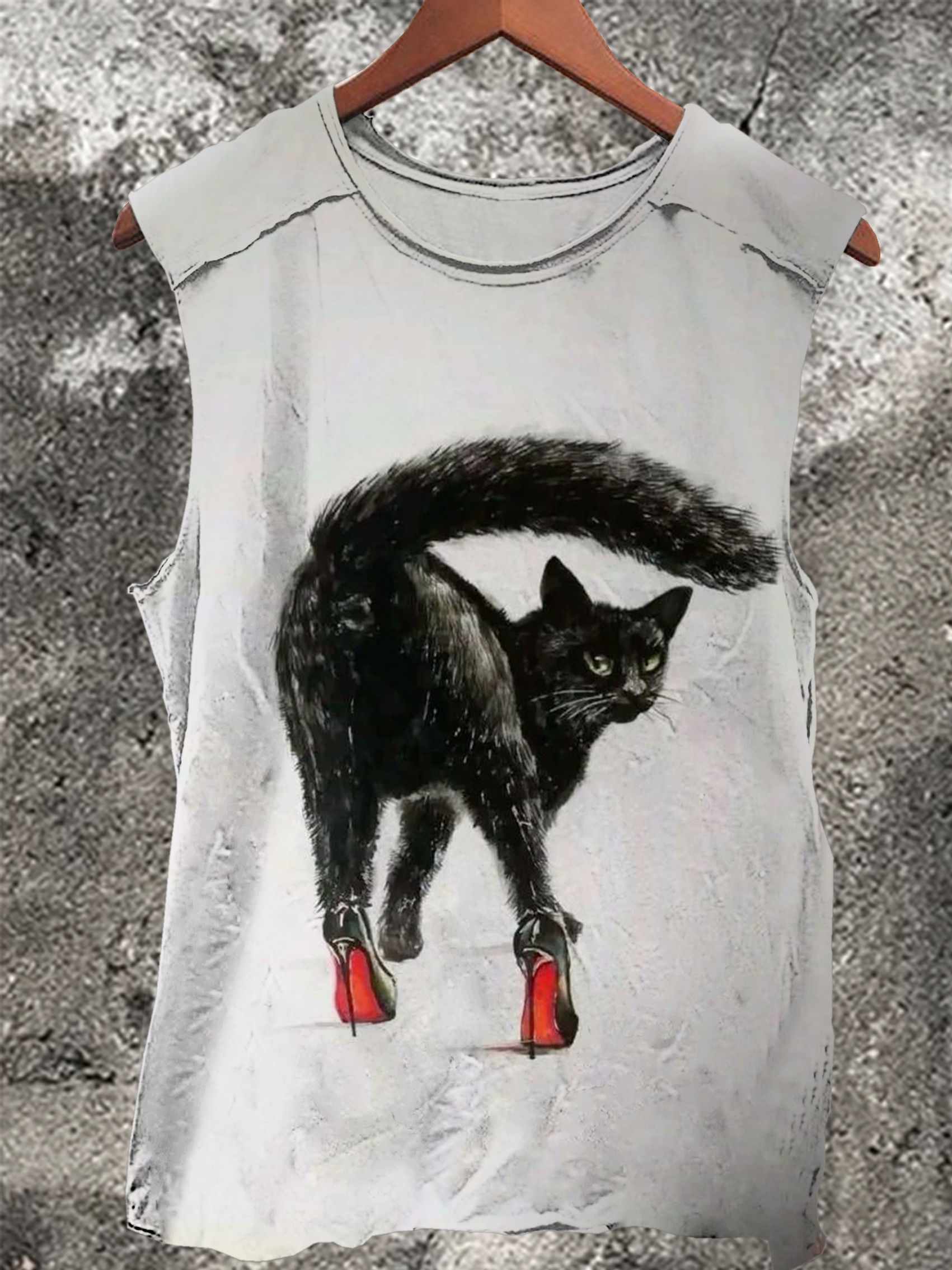 Vintage Black Cat Art Print 100% Cotton Casual Tank Top