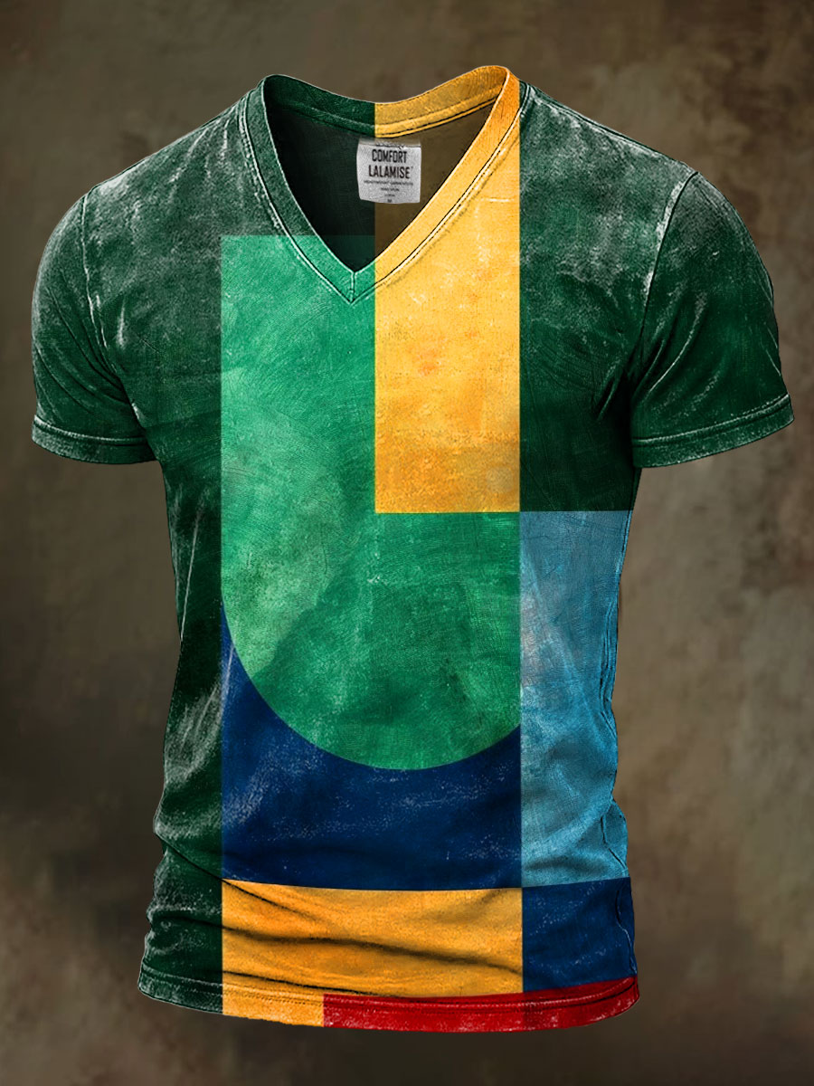 Retro Abstrct Art Print Casaul Short Sleeve V-neck T-shirt