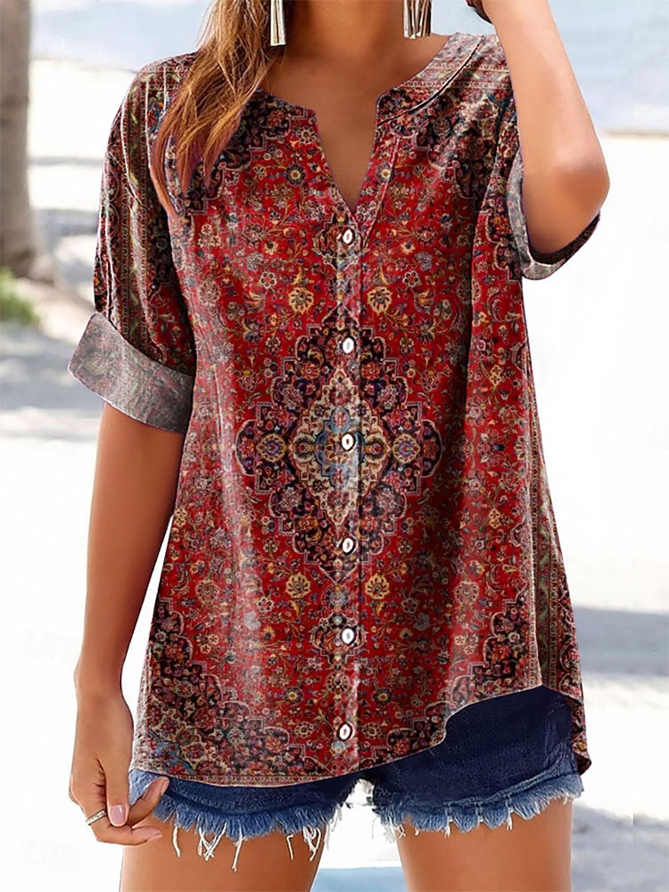 Women's Vintage Art Print Casual Cotton And Linen Shirt