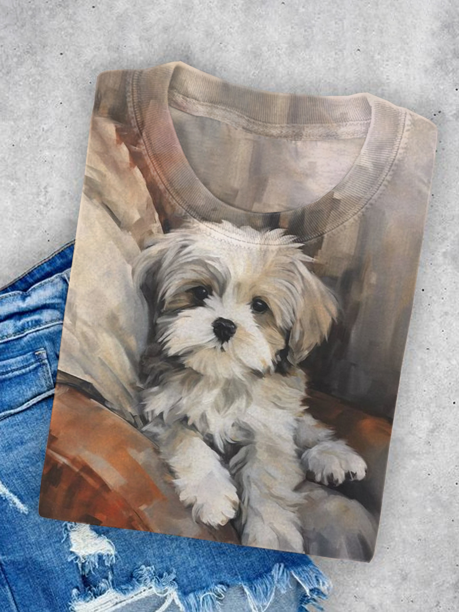 Cute Dog Art Print Casual Short Sleeve T-shirt