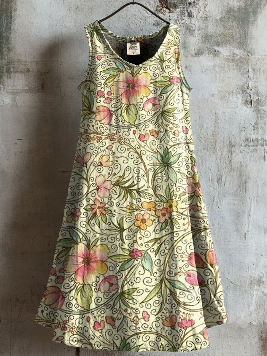 Women's Vintage Floral Art Print V-neck Pocket Cotton Dress